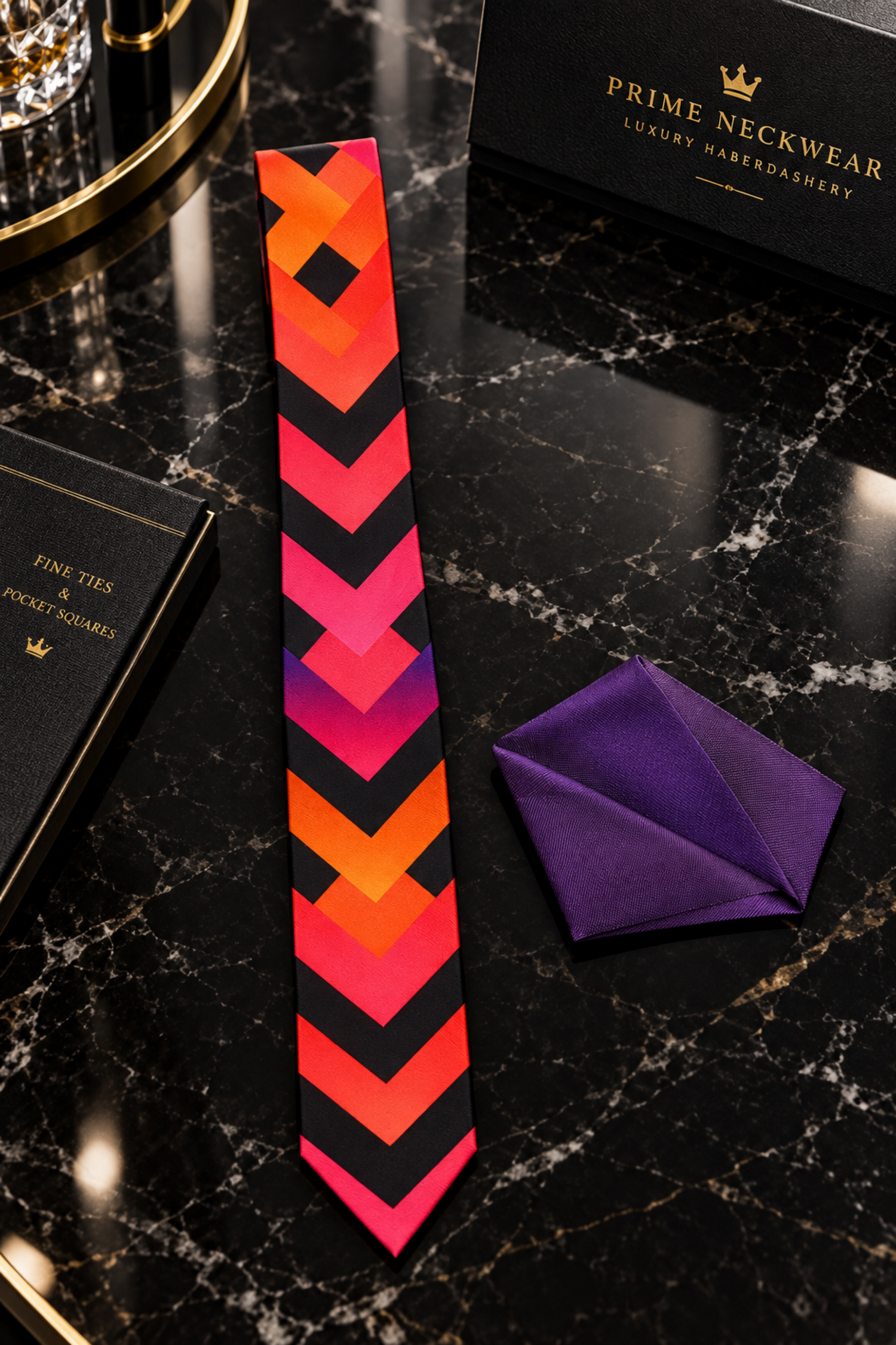 A men's necktie with a bold geometric chevron pattern in orange, red, pink, and black,