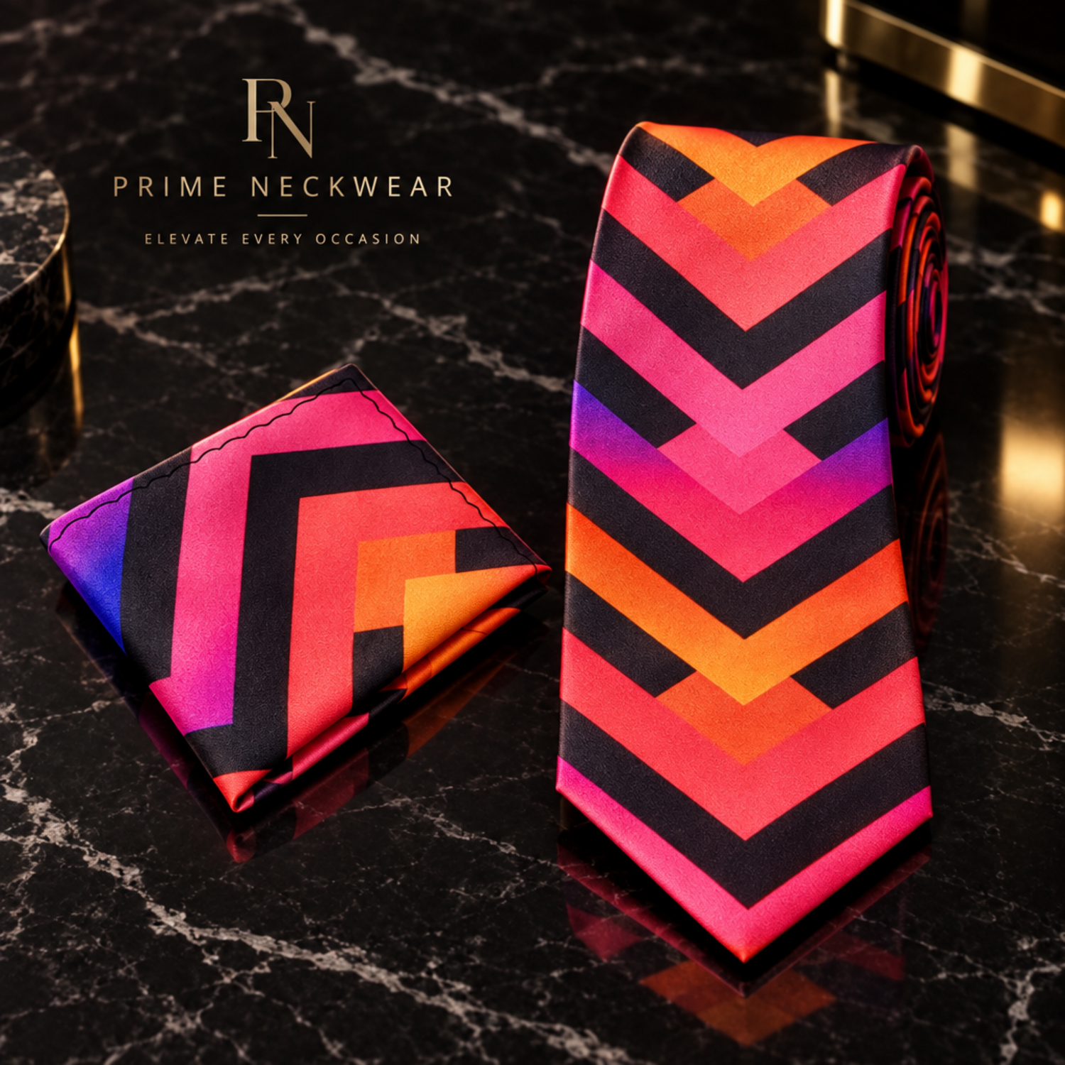 A men's necktie and matching pocket square set with a bold geometric chevron pattern in vibrant shades of orange, pink, purple, and black, 