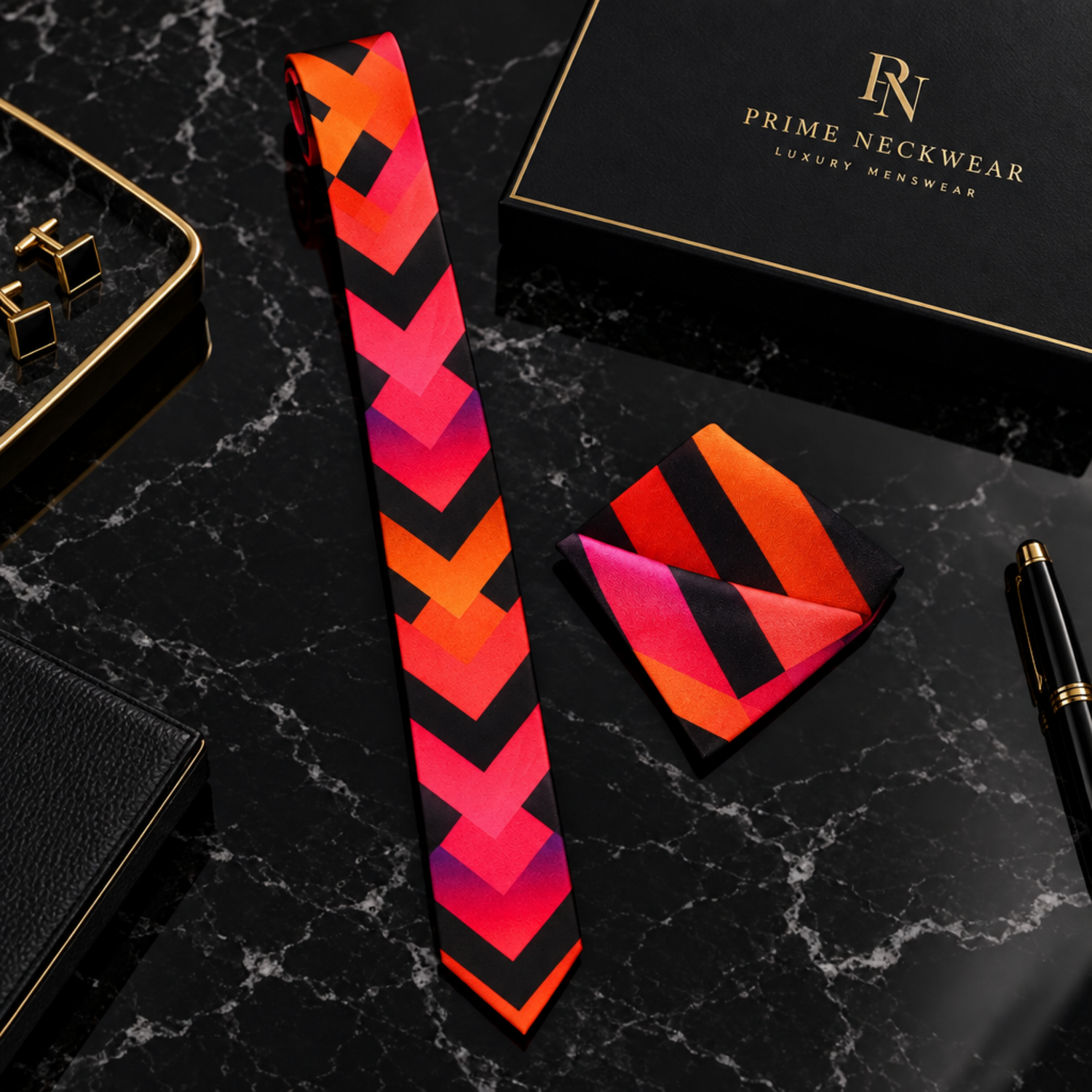 A men's necktie and matching pocket square set with a bold geometric chevron pattern in orange, red, pink, and black