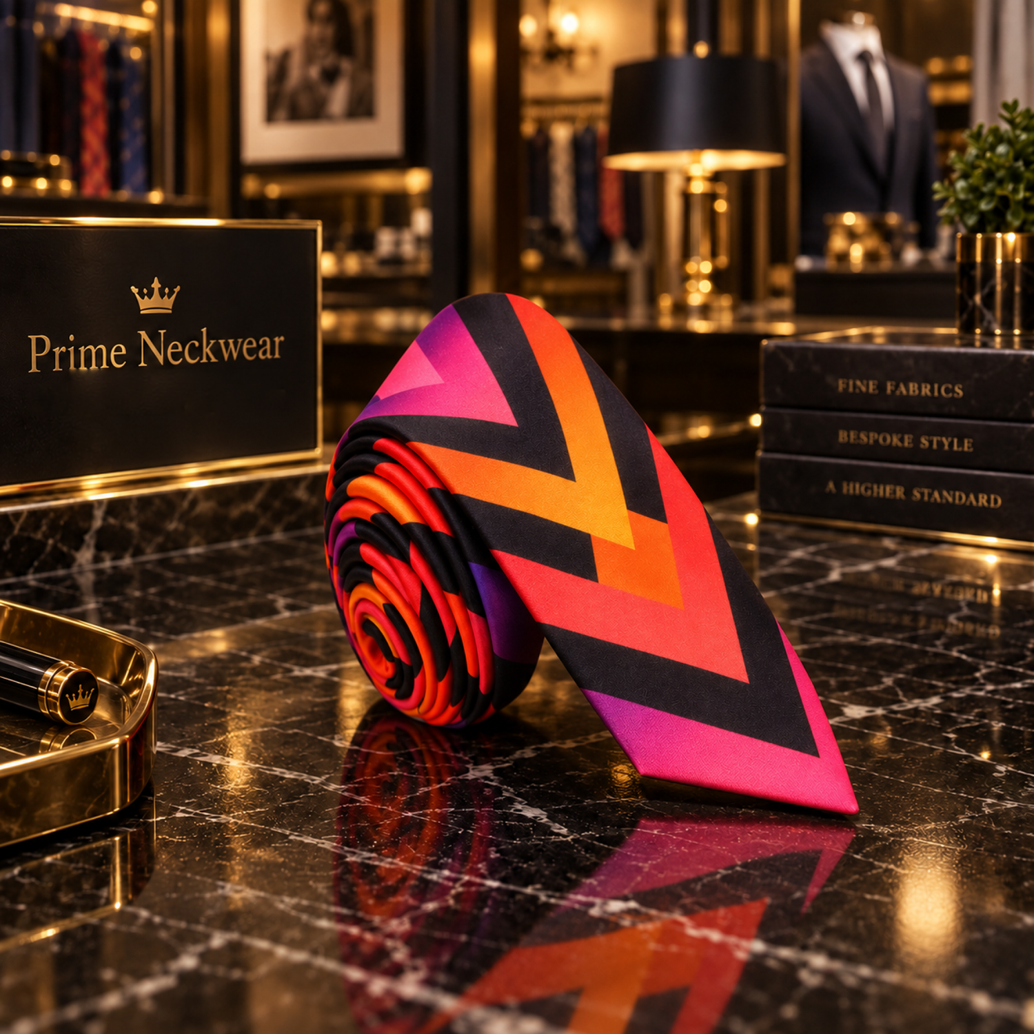 A rolled necktie with a bold chevron pattern in black, orange, pink, and purple, displayed on a polished black marble counter in a luxury retail setting. A sign reading 'Prime Neckwear' is visible in the background.