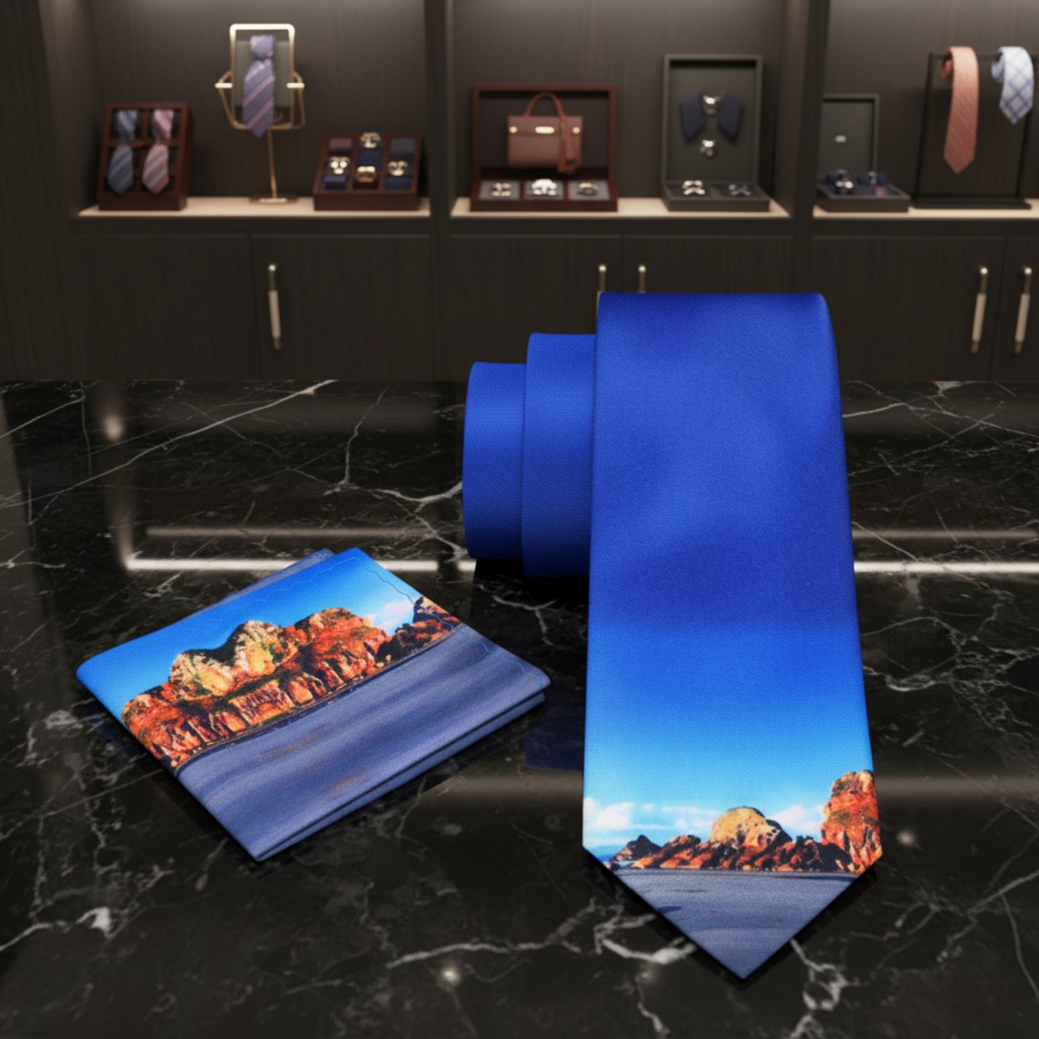 A matching necktie and pocket square set featuring a scenic desert canyon landscape print with red rock cliffs and blue sky, shown on a plain white background.
