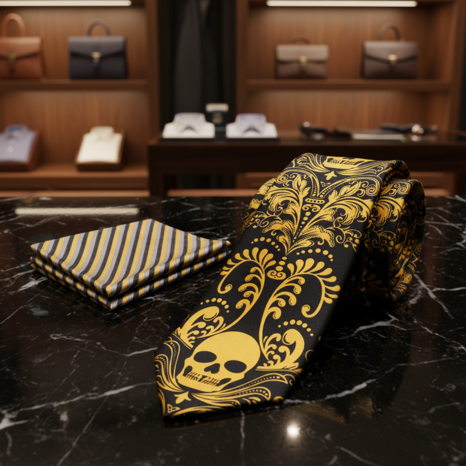A men's necktie and matching pocket square set . The tie features a black base with a bold yellow baroque-style damask pattern and a large yellow skull near the bottom.