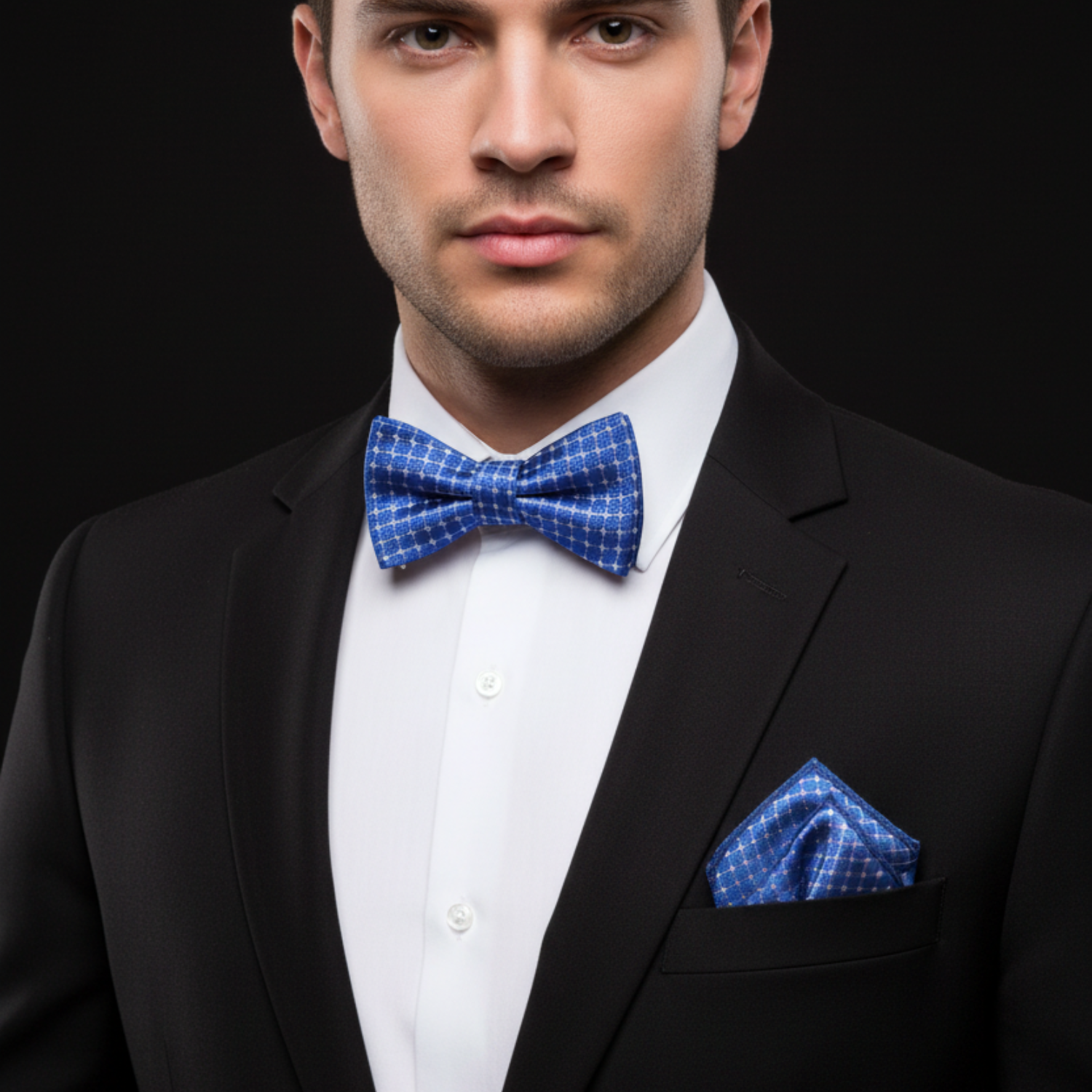 Man wearing a black suit with a blue bow tie and pocket square on a black background