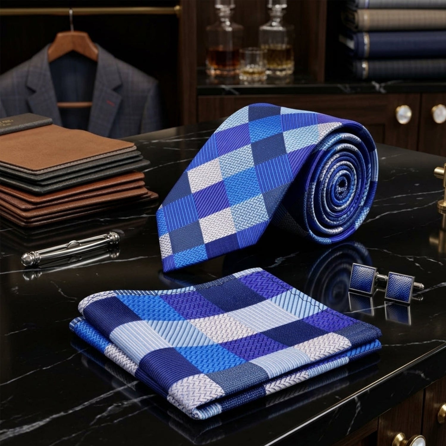 blue geometric tie and square