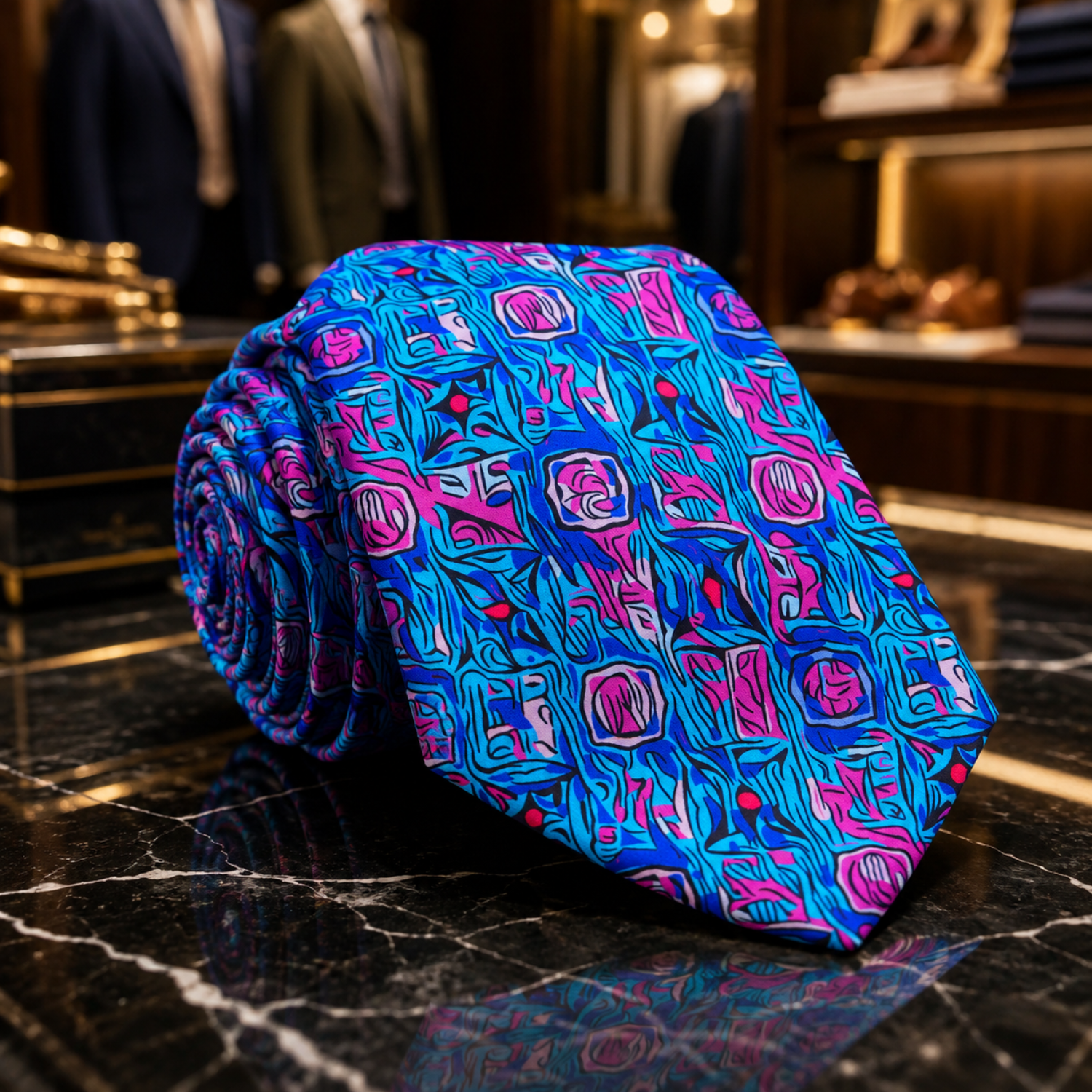 A rolled necktie with a vibrant abstract pattern in blue, pink, and purple, displayed on a polished black marble surface inside a luxury retail store.