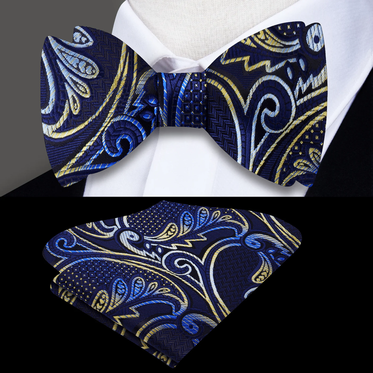 A Blue, Gold Paisley Pattern Silk Self Tie Bow Tie, Matching Pocket Square