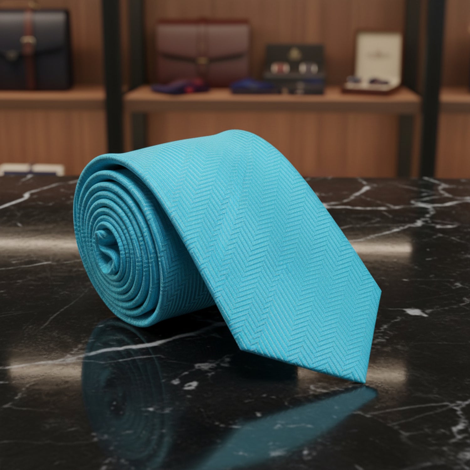 A rolled-up necktie in a bright turquoise blue color, featuring a subtle textured chevron pattern, set against a plain white background.