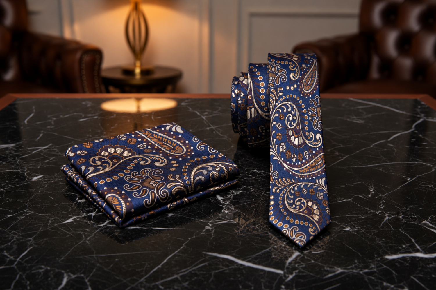 blue brown paisley thin tie and square