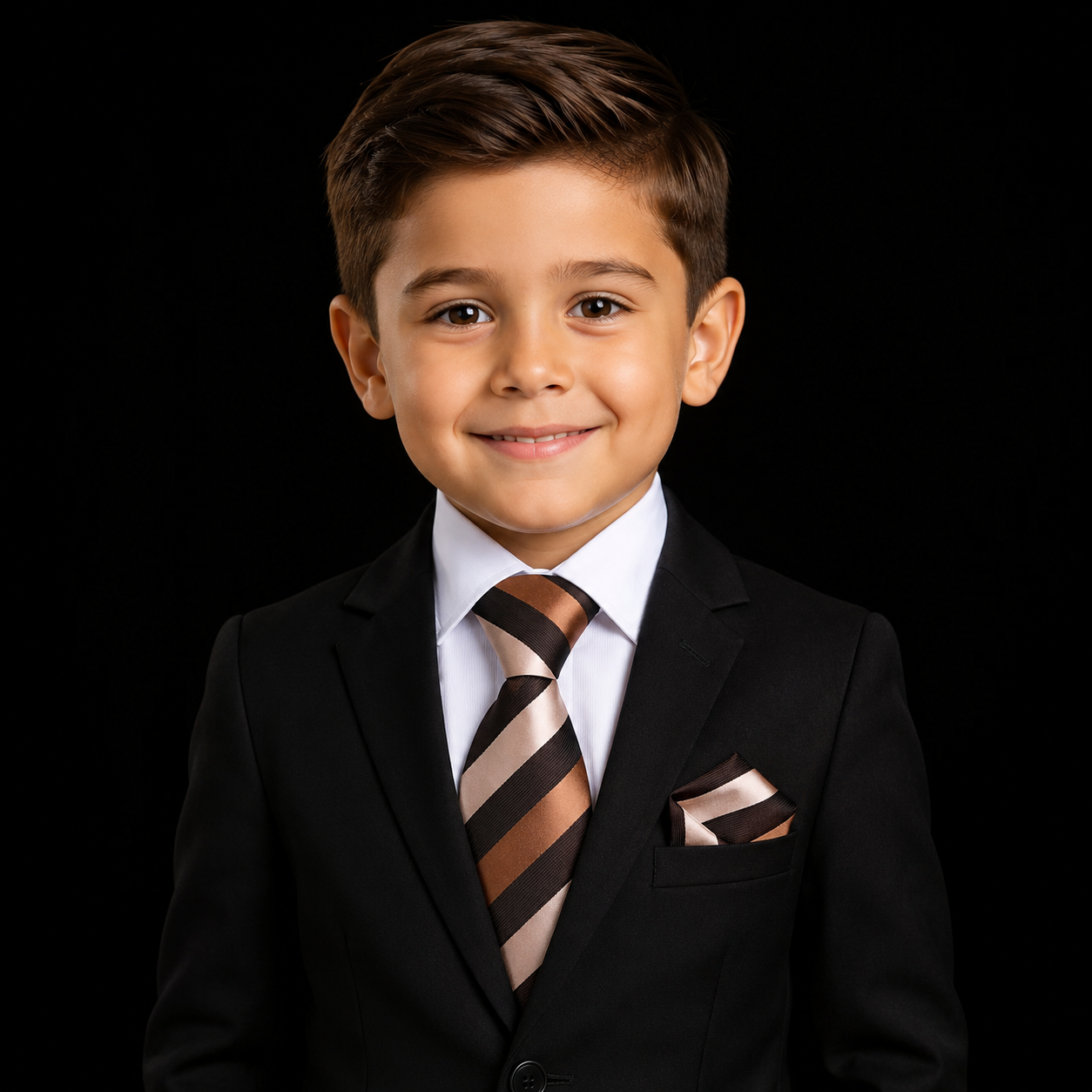 A young boy with brown hair smiling, wearing a black suit jacket, white dress shirt, and a brown and beige striped tie with a matching pocket square, set against a solid black background.