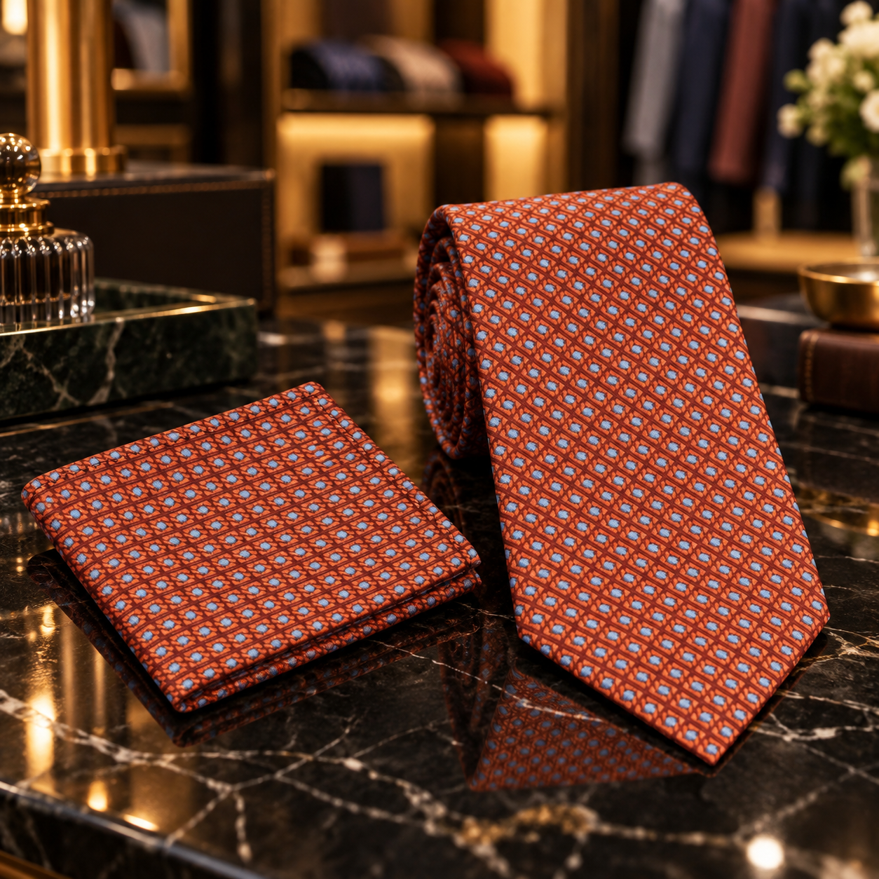 A red patterned necktie and matching pocket square displayed on a polished black marble surface in a luxury retail setting.