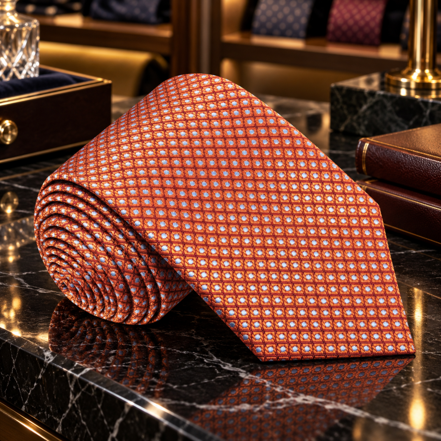 A rolled necktie with a repeating geometric pattern in rust red, orange, and light blue, displayed on a polished black marble surface.