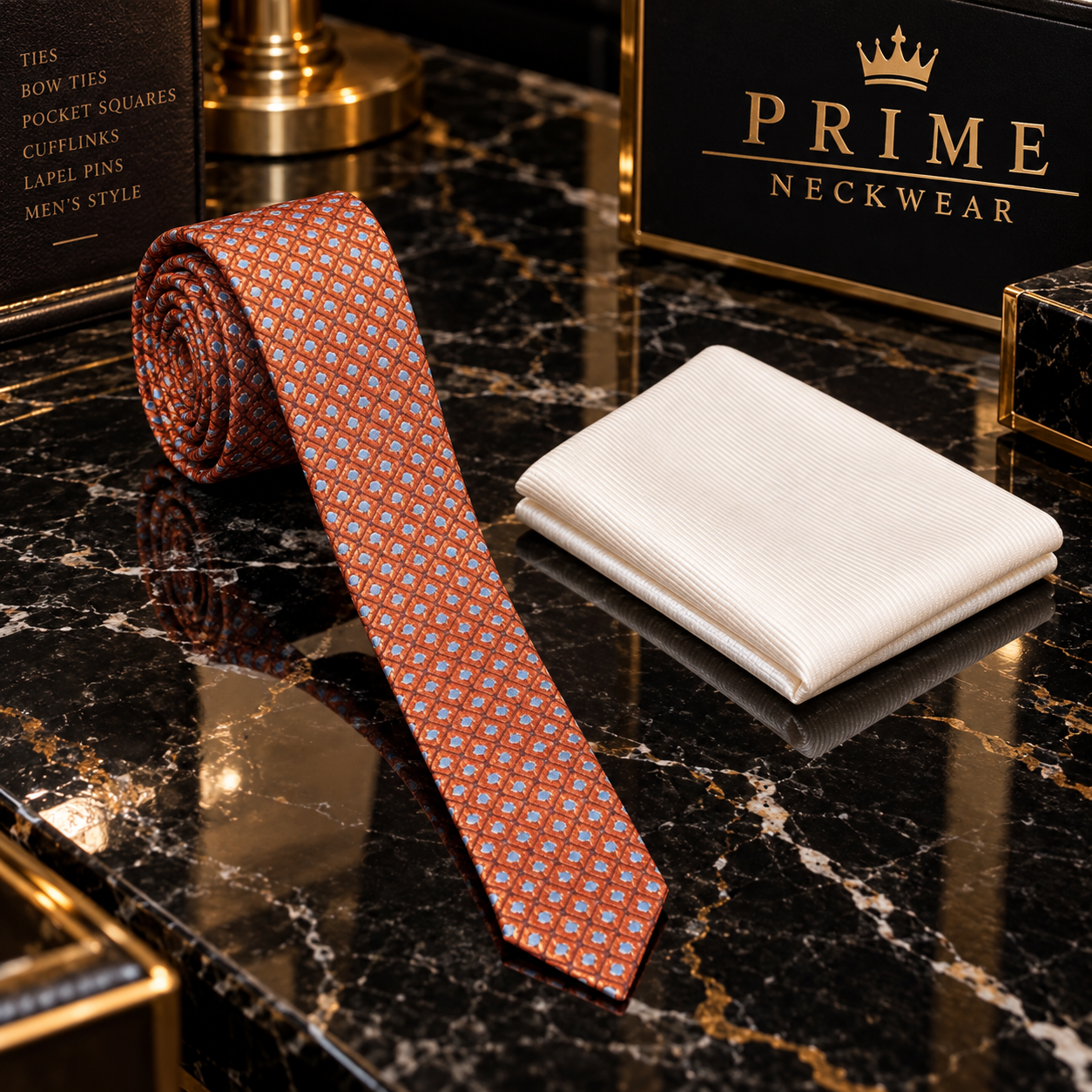 A rolled orange-red necktie with a repeating geometric pattern, displayed next to a folded white pocket square on a black marble surface. A black sign reading 'PRIME NECKWEAR' is visible in the background.