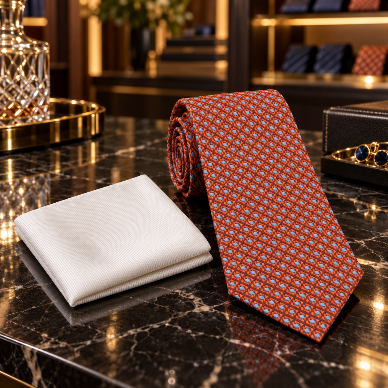 A men's necktie and matching pocket square set displayed on a polished black marble counter in a luxury retail setting. The tie features a red-orange base with a repeating geometric pattern of small blue and white shapes.