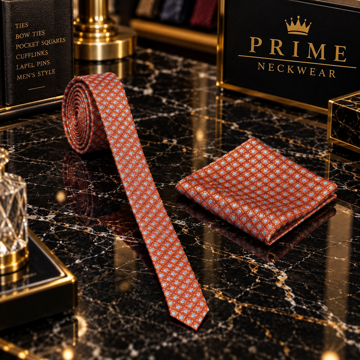 A men's necktie and matching pocket square set in a warm rust-orange color with a repeating small geometric pattern, displayed on a polished black marble surface with gold accents. A branded black box reading PRIME NECKWEAR is visible in the background.