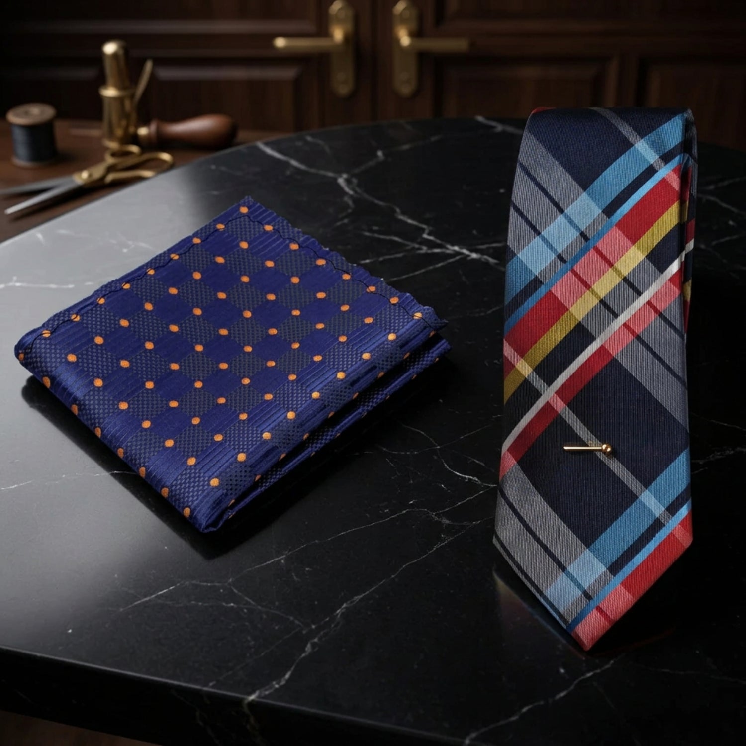 Navy Plaid Necktie with Red, Blue and Yellow Accents