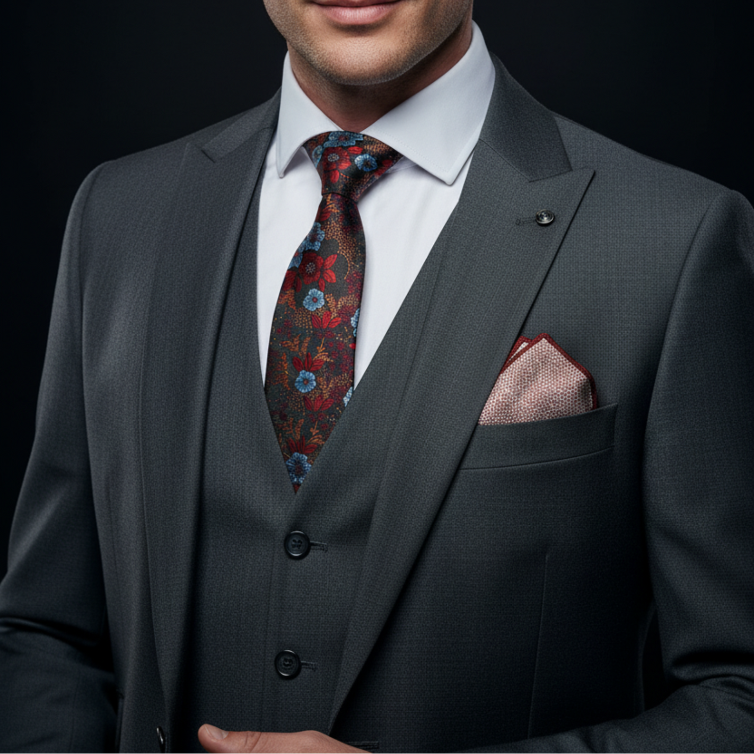 Man wearing a gray suit with a patterned tie and pocket square on a black background