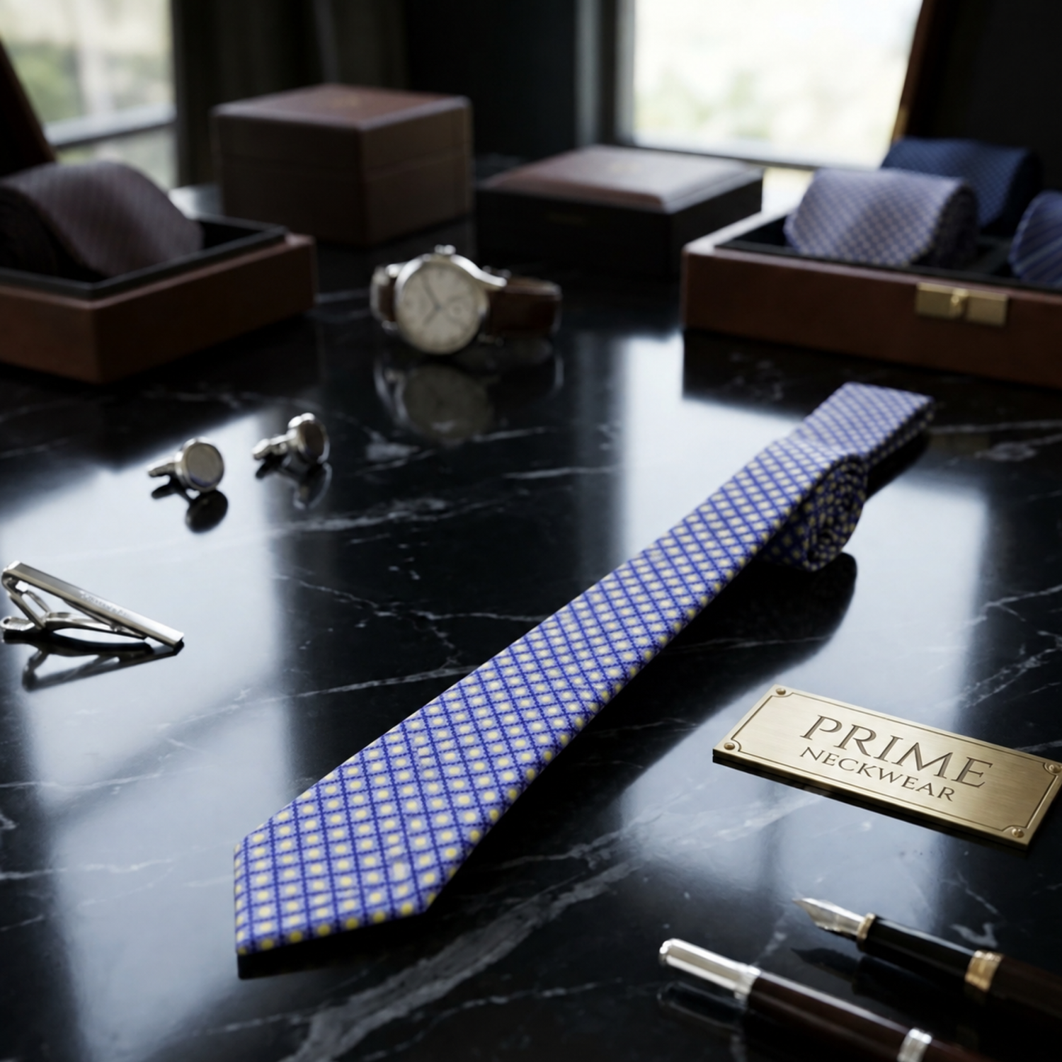 A blue and white patterned necktie is displayed on a black marble desk alongside a tie bar, cufflinks, watch, pens, and open presentation boxes. A brass plaque reads PRIME NECKWEAR.