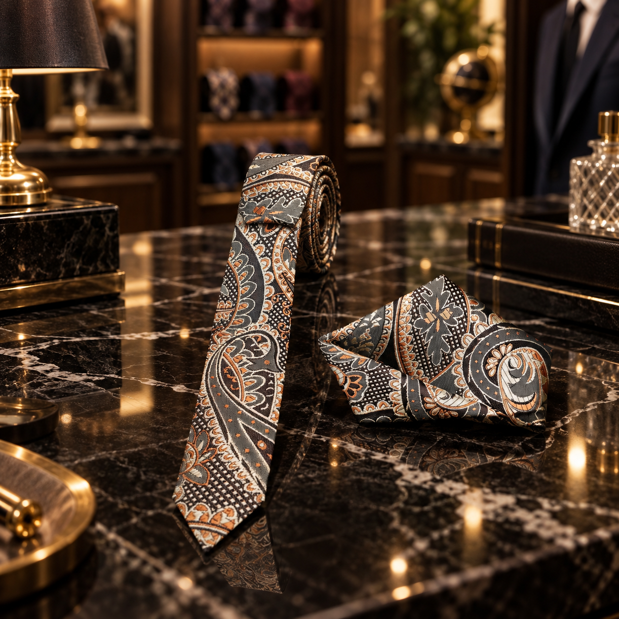 Black, Copper & Ivory Ornate Paisley Necktie