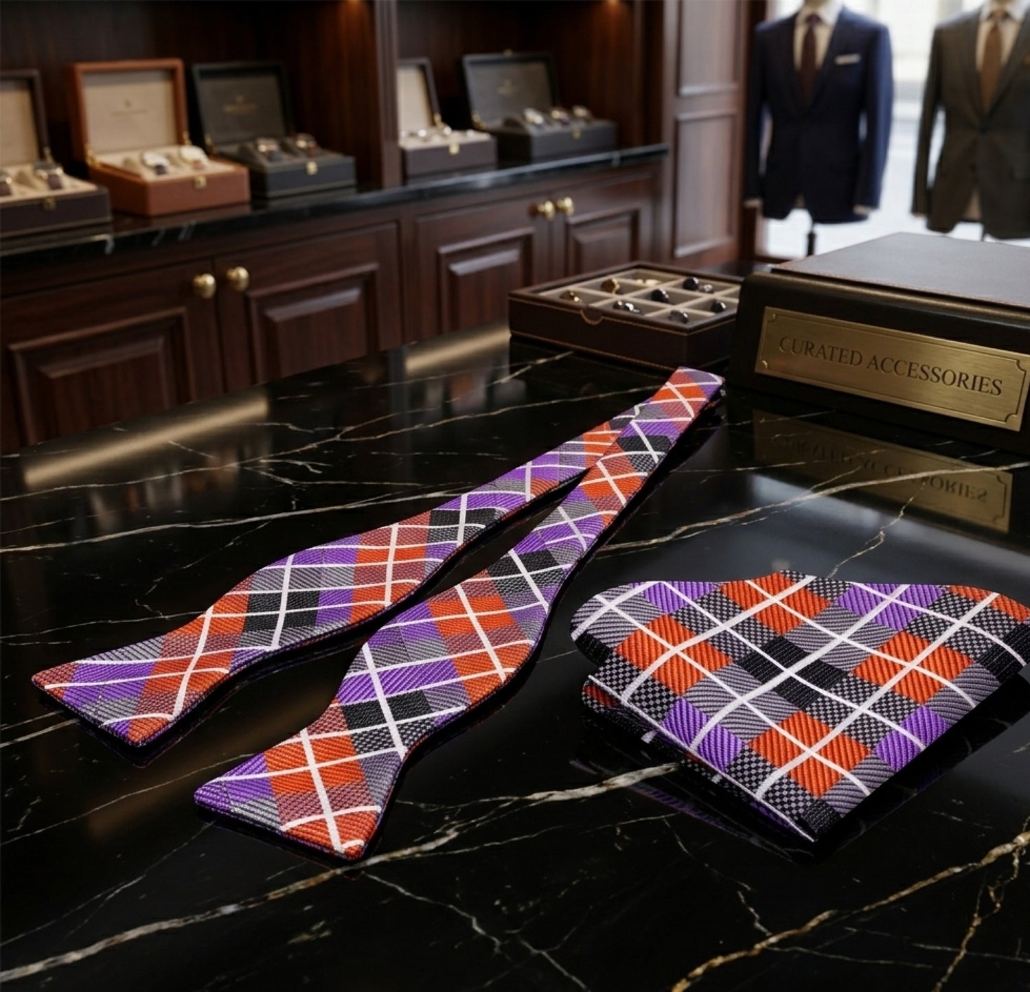 grey orange and black argyle bow tie and square