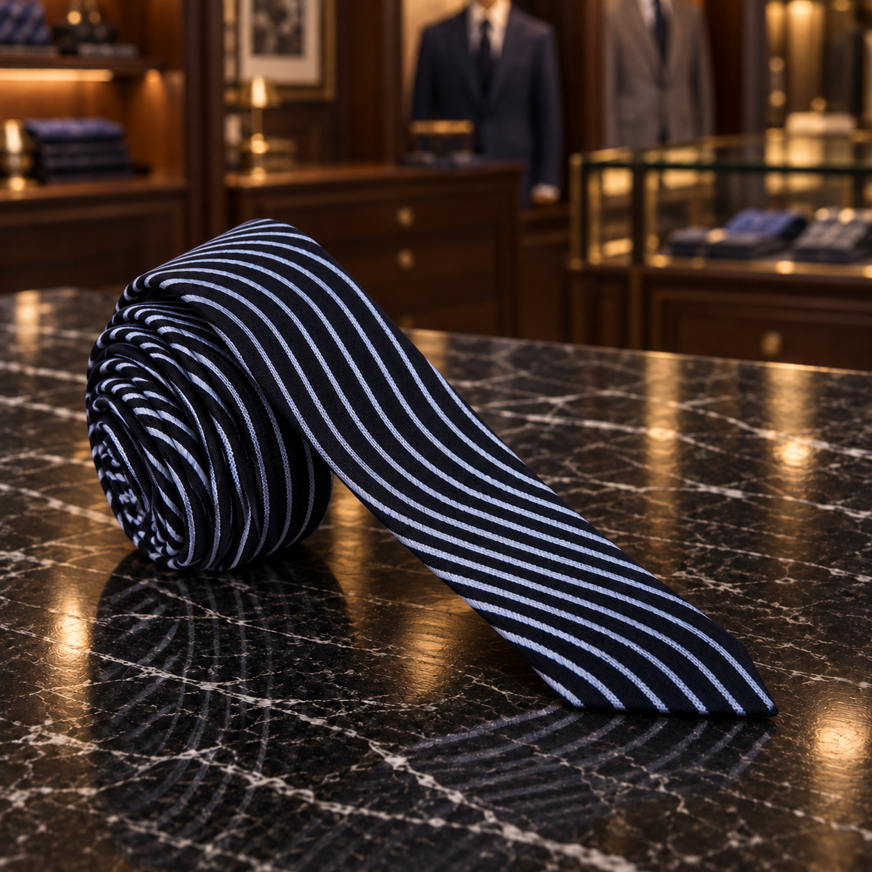 A rolled navy blue necktie with thin white pinstripes, displayed on a polished black marble countertop inside a luxury men's clothing boutique.