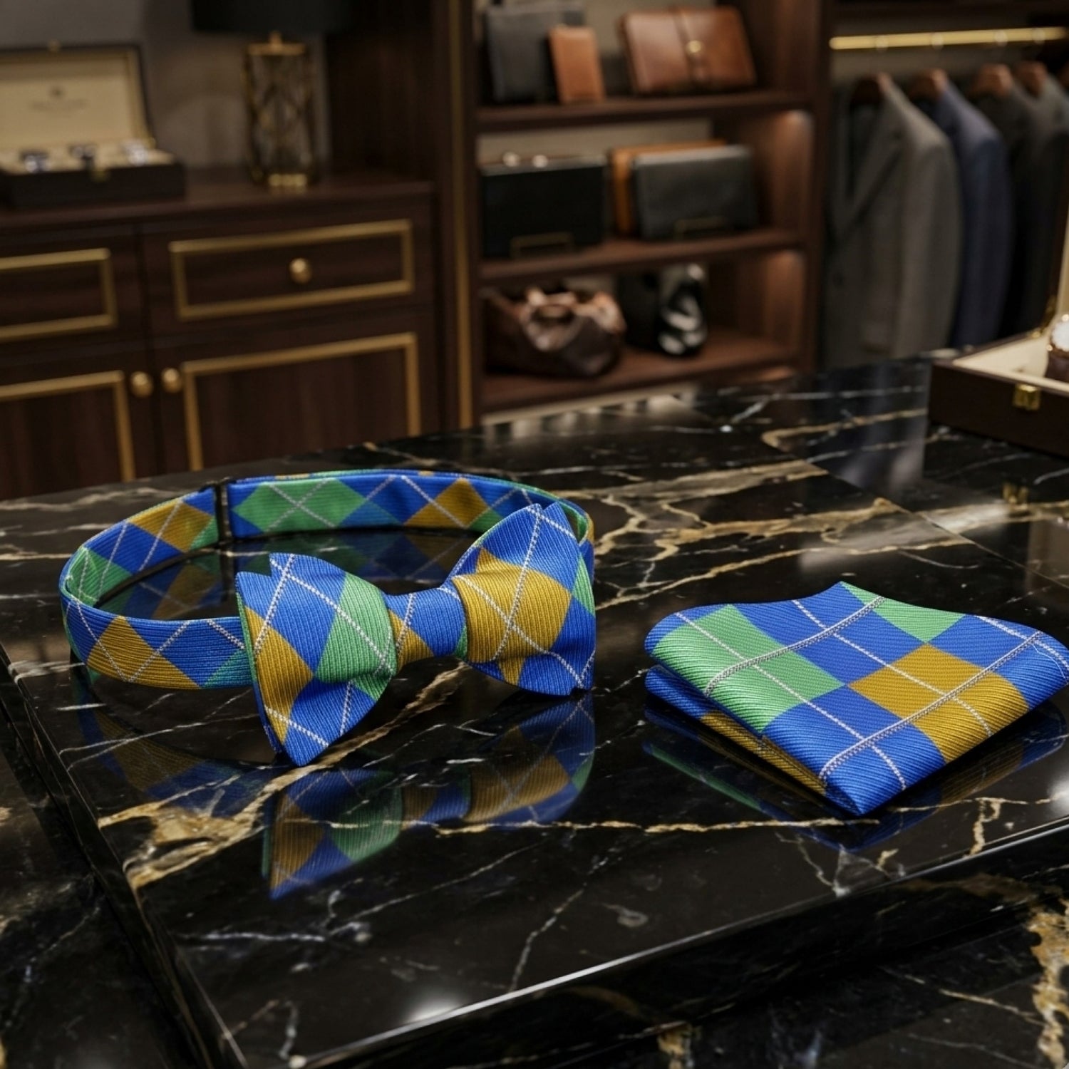 green blue argyle bow tie and square