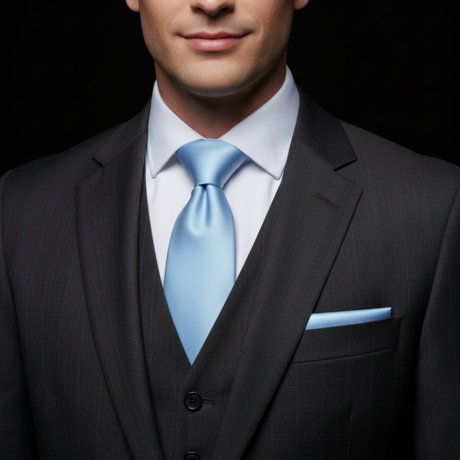 Man wearing a black suit with a blue tie against a black background