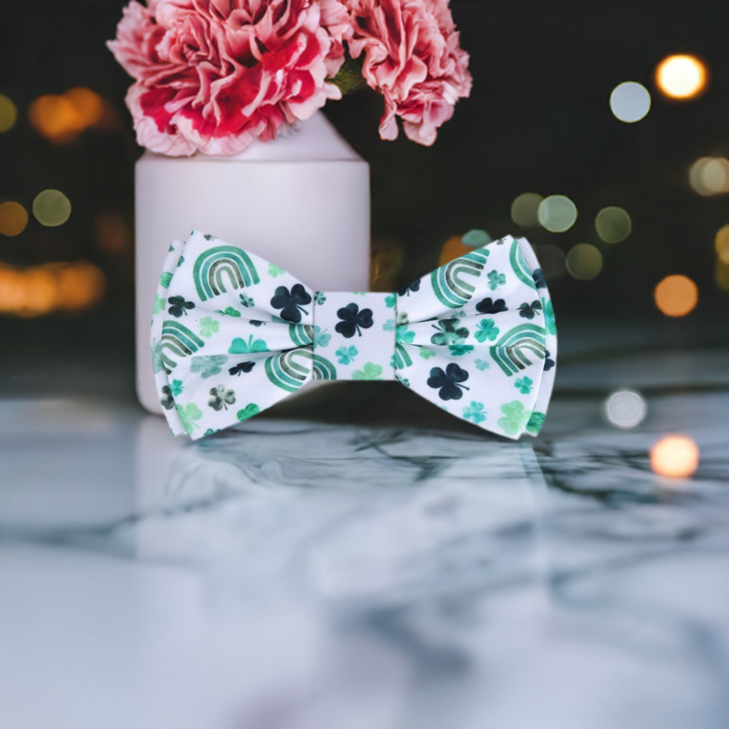 White with Shades of Green Clovers and Rainbows Bow Tie with flower background