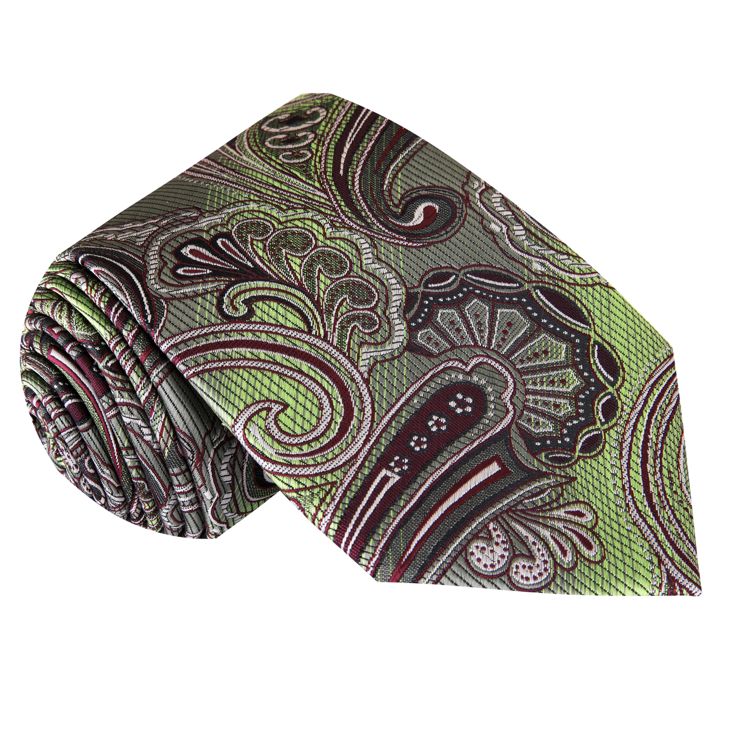 A Green, Burgundy Paisley Pattern Silk Necktie