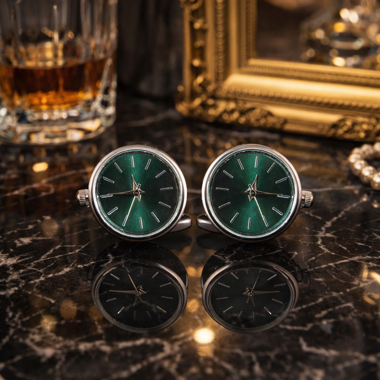 Green watch face cufflinks on a reflective surface with a glass of whiskey and gold frame in the background.