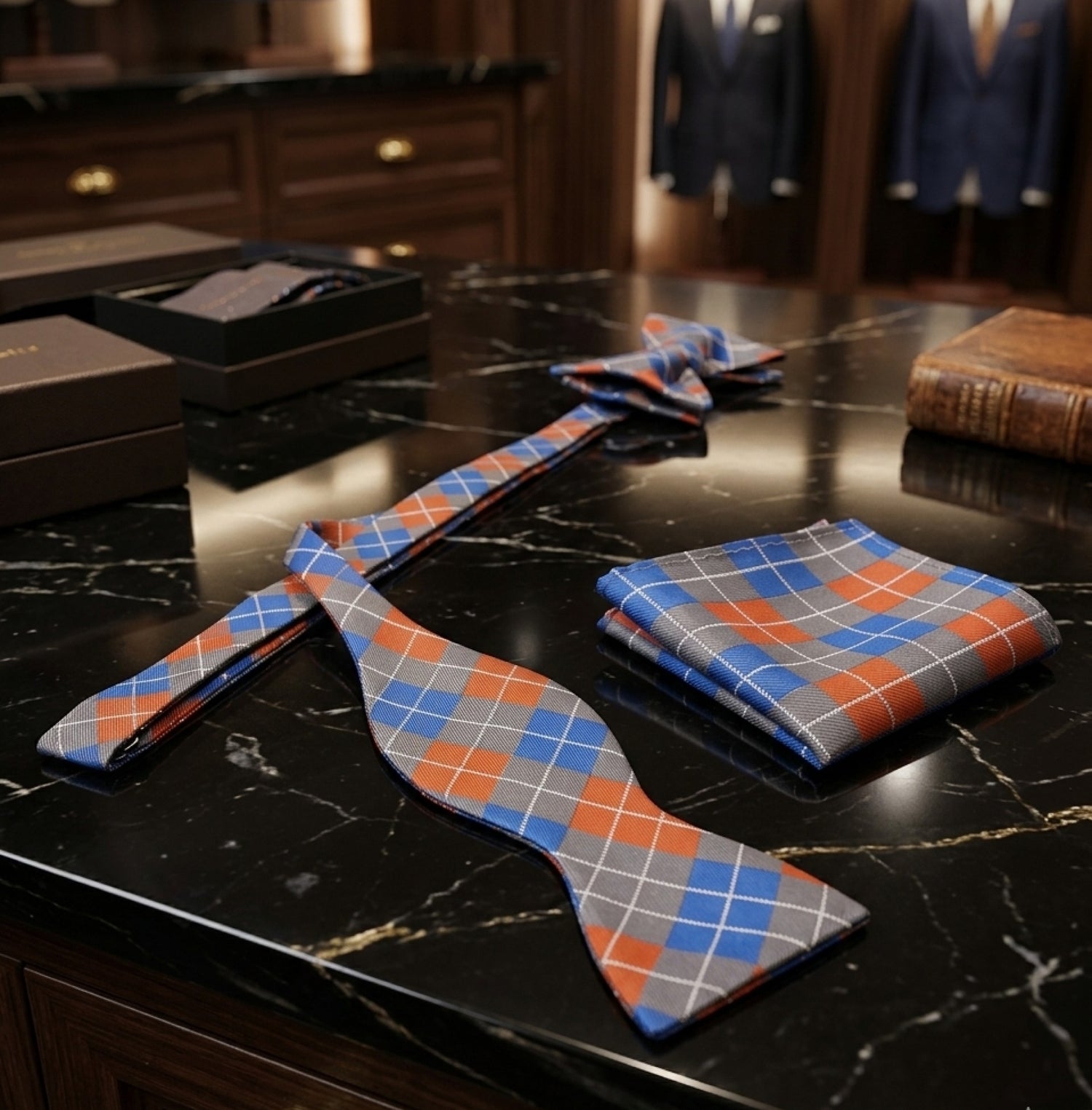 grey blue and orange argyle bow tie