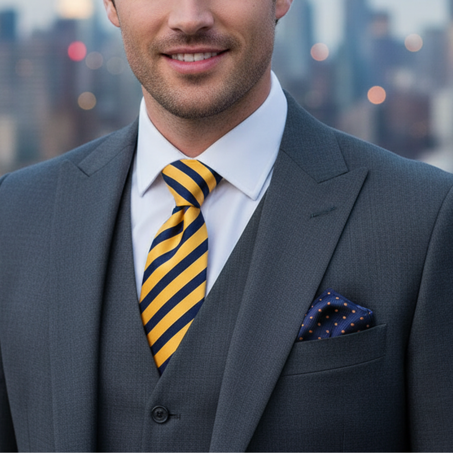 Man in a gray suit with a yellow and blue striped tie against a cityscape background