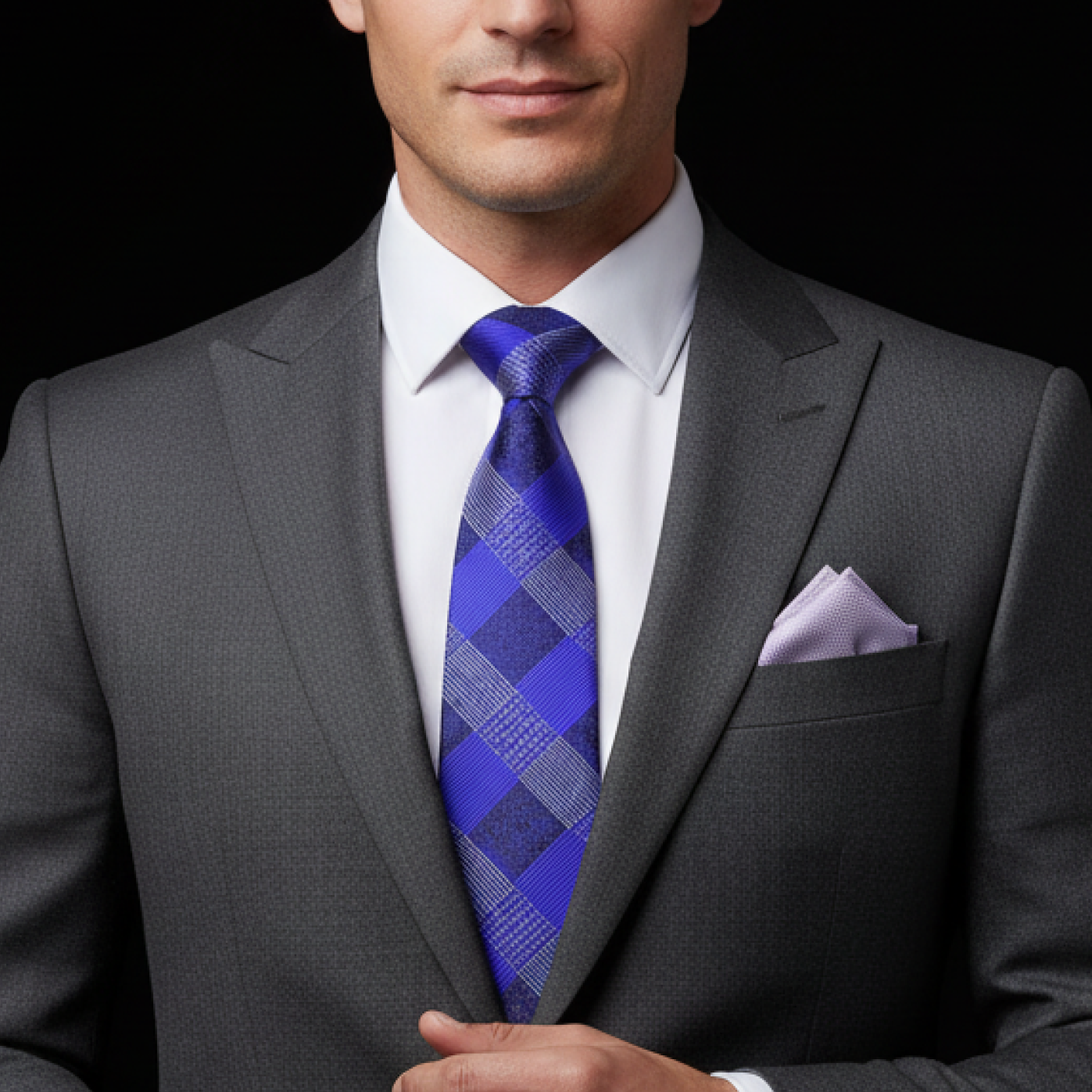 Man wearing a gray suit with a purple plaid tie and white shirt against a black background