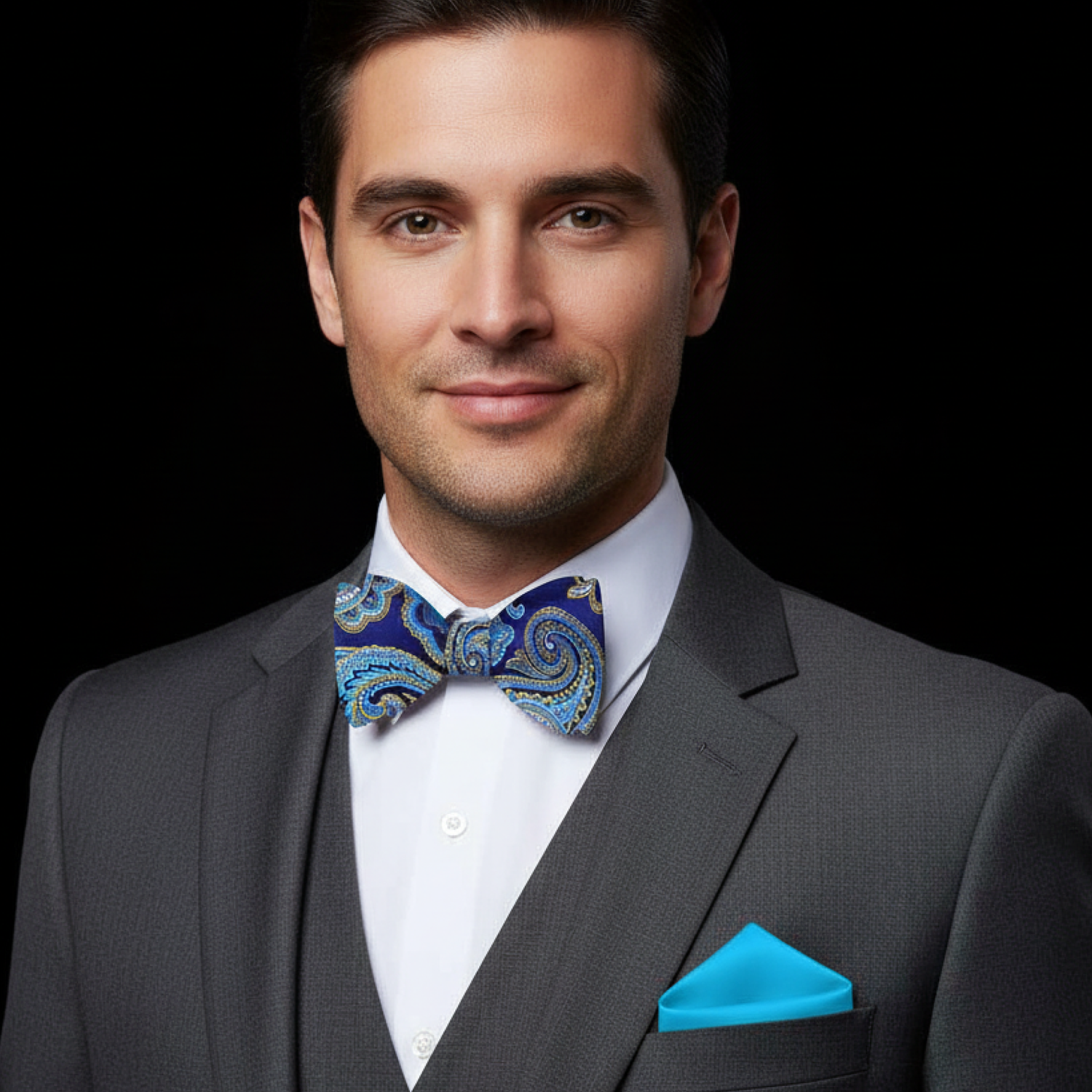 Man wearing a gray suit with a blue patterned bow tie and blue handkerchief on a black background