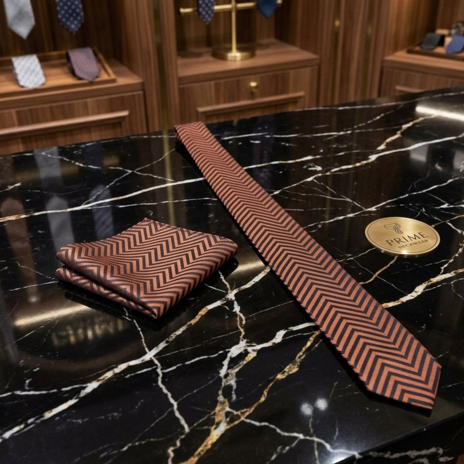 A brown and black chevron-patterned necktie and matching pocket square are displayed on a black marble countertop inside a luxury watch or accessory boutique. A gold circular badge on the counter reads PRIMA.