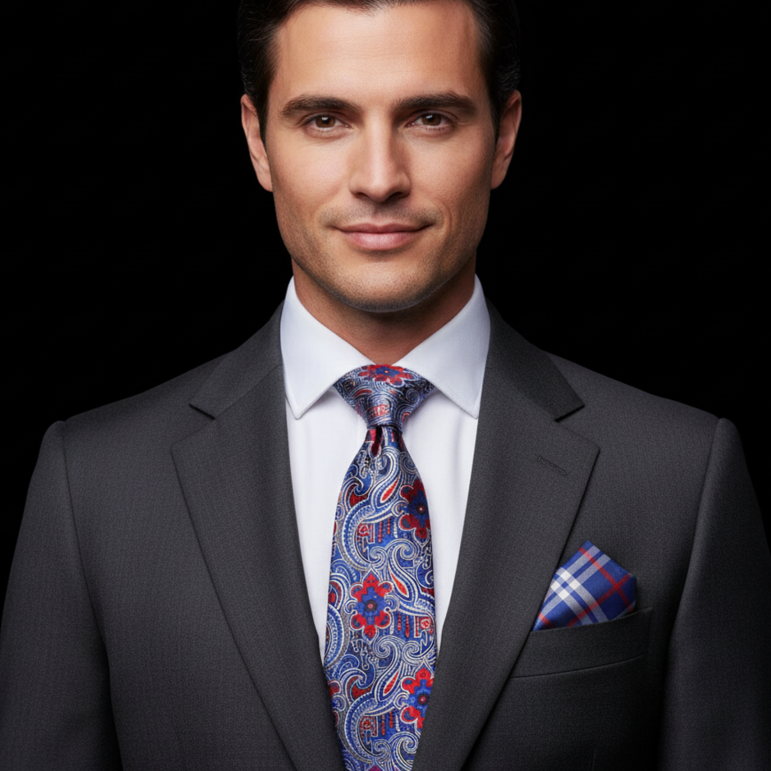 Man wearing a gray suit with a colorful tie and pocket square on a black background