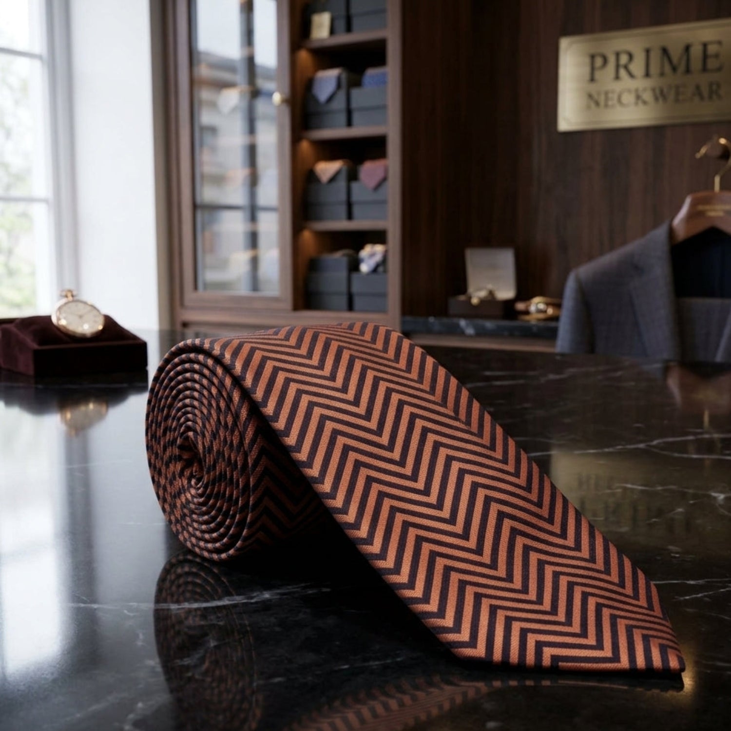 A rolled necktie with a brown and black chevron pattern sits on a polished black marble counter in a luxury retail setting. A suit jacket is hanging on a wooden hanger in the background, next to a gold sign that reads 'PRIME NECKWEAR'.