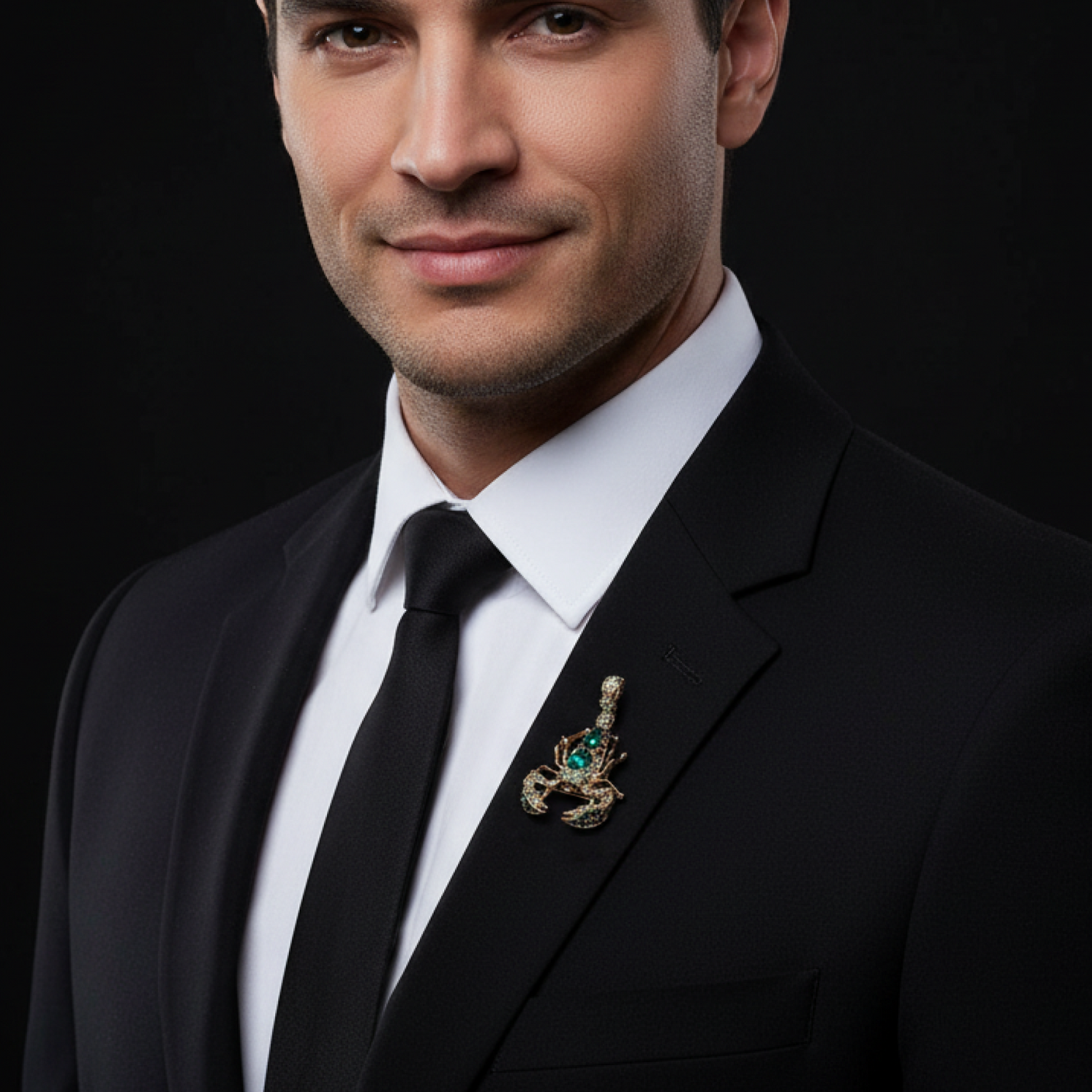 Man wearing a black suit with a white shirt and black tie, featuring a decorative scorpion brooch on a dark background.