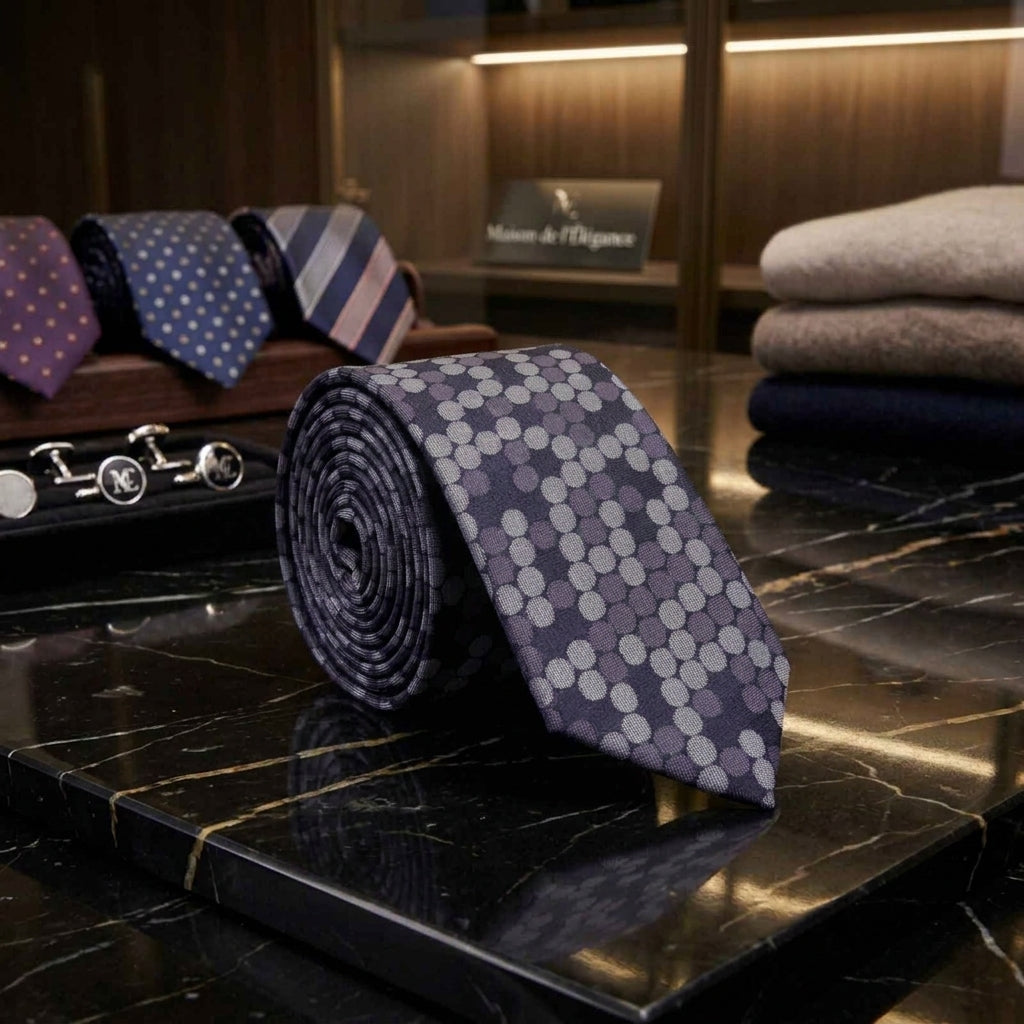 A rolled necktie with a repeating gray and purple circular pattern is displayed on a black marble surface in a luxury retail setting. Other patterned ties, cufflinks, and folded sweaters are visible in the background.