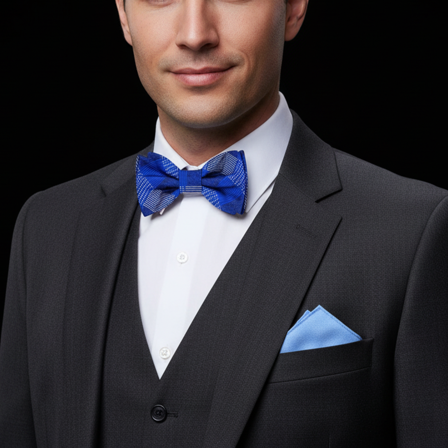 Man wearing a black suit with a blue plaid bow tie and light blue pocket square on a black background