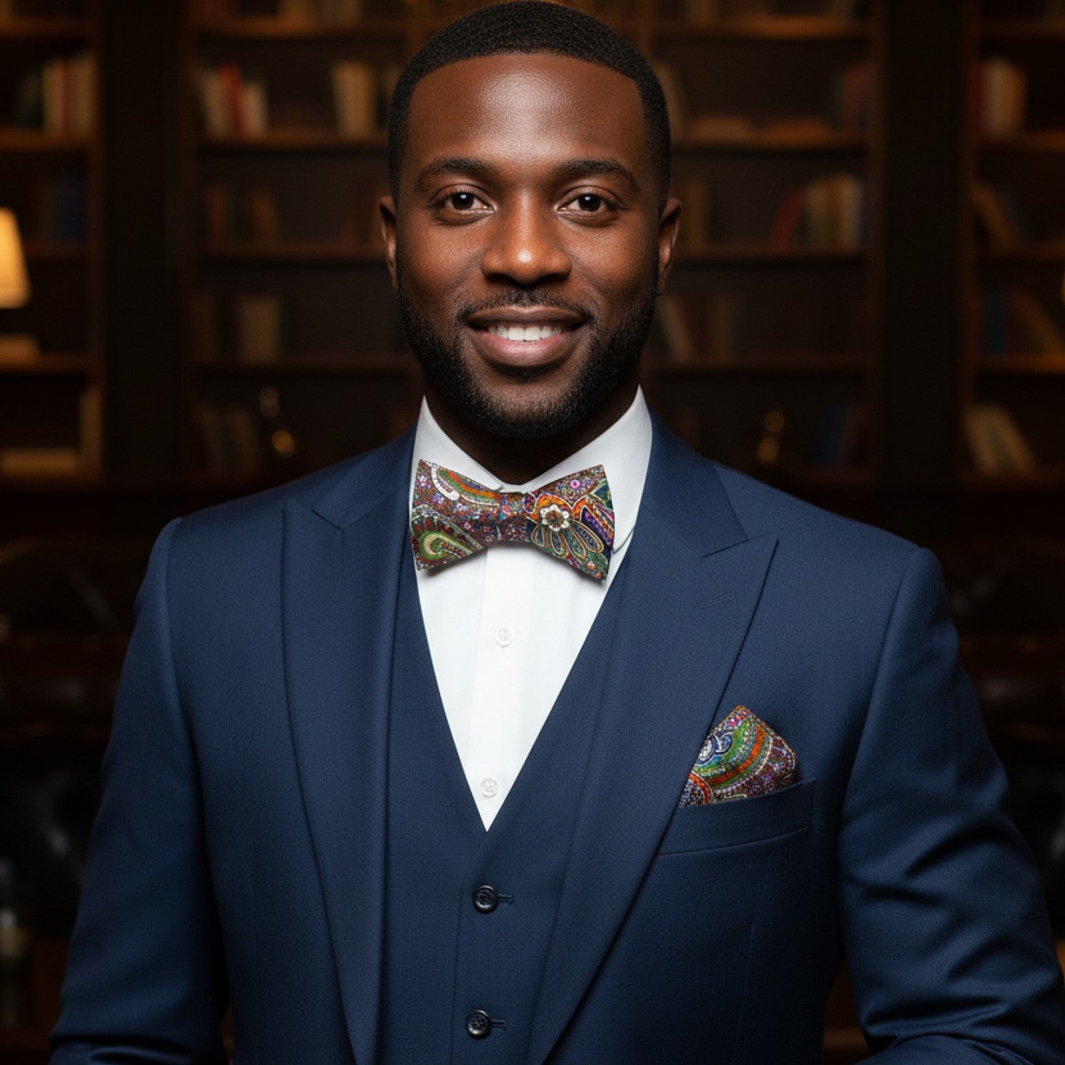Man wearing a blue suit with a colorful bow tie and pocket square in a library setting