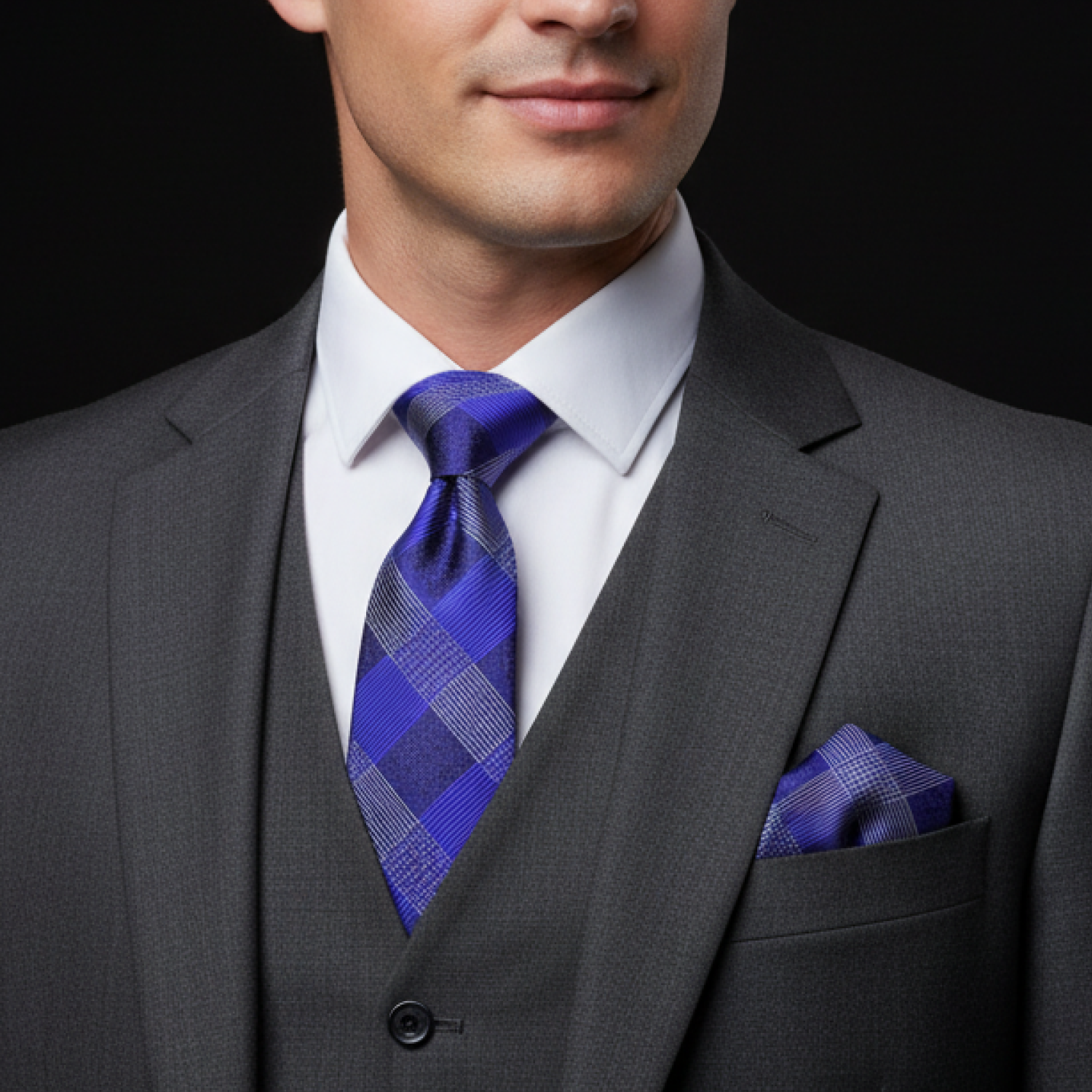 Man wearing a gray suit with a purple tie and pocket square on a black background