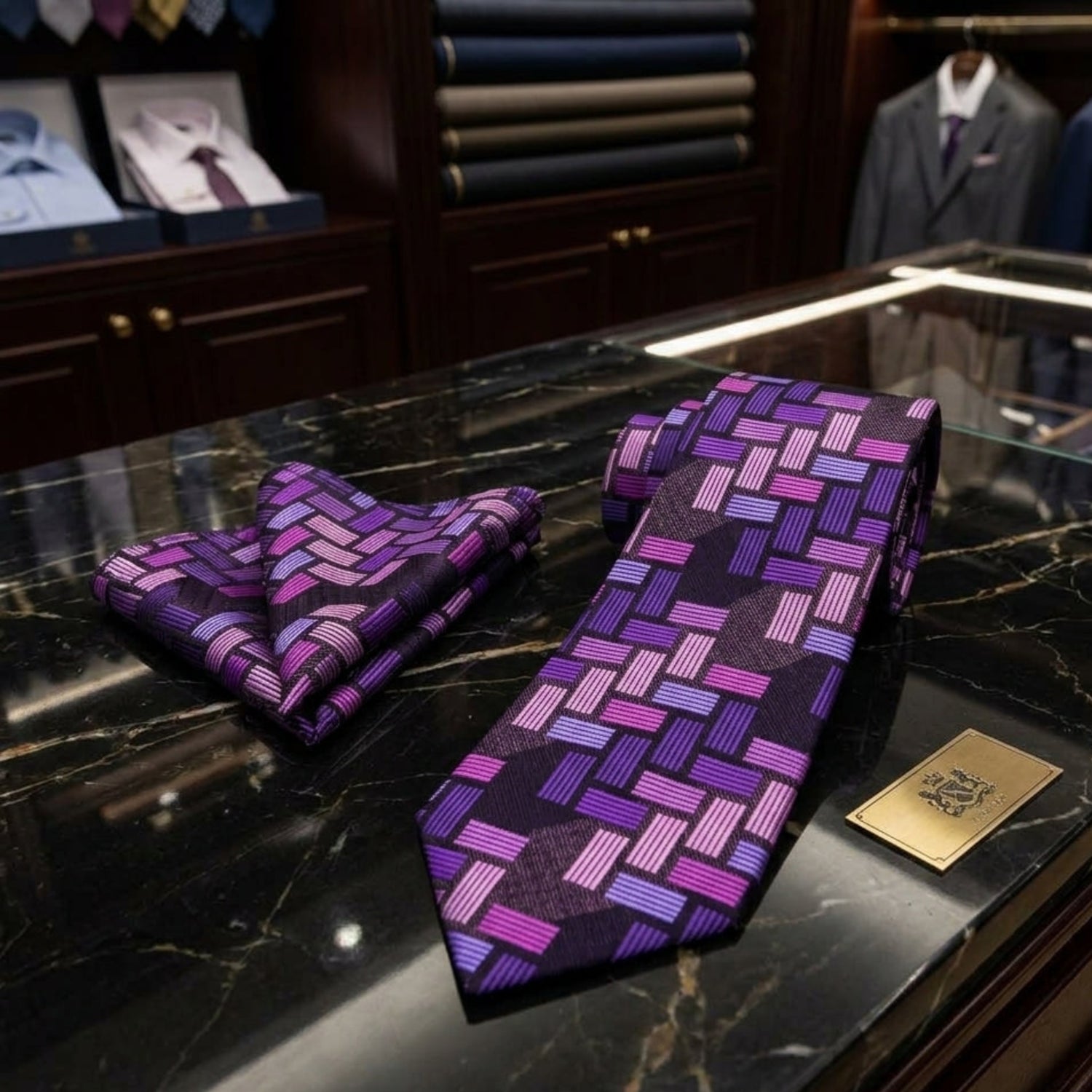 Purple Blocks Tie and Pocket Square2