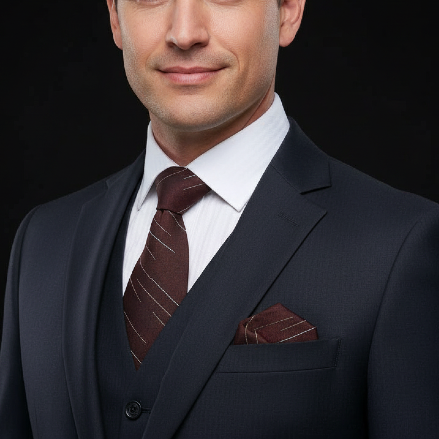 Brown lined necktie and matching square on man
