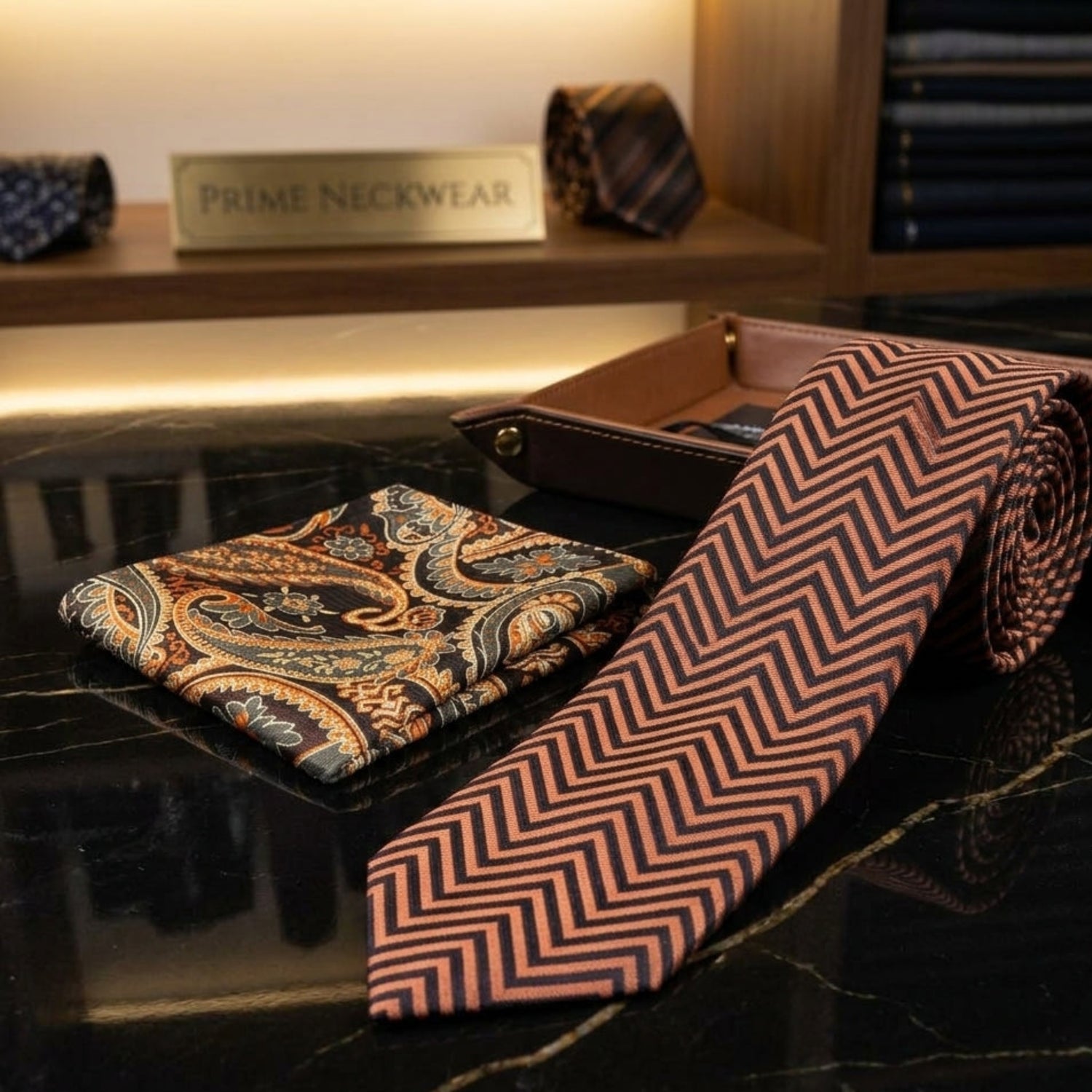 A men's necktie and matching pocket square set displayed on a black marble surface. The tie features a brown and dark pink chevron pattern, and the pocket square has an intricate paisley design in brown, gold, and blue.