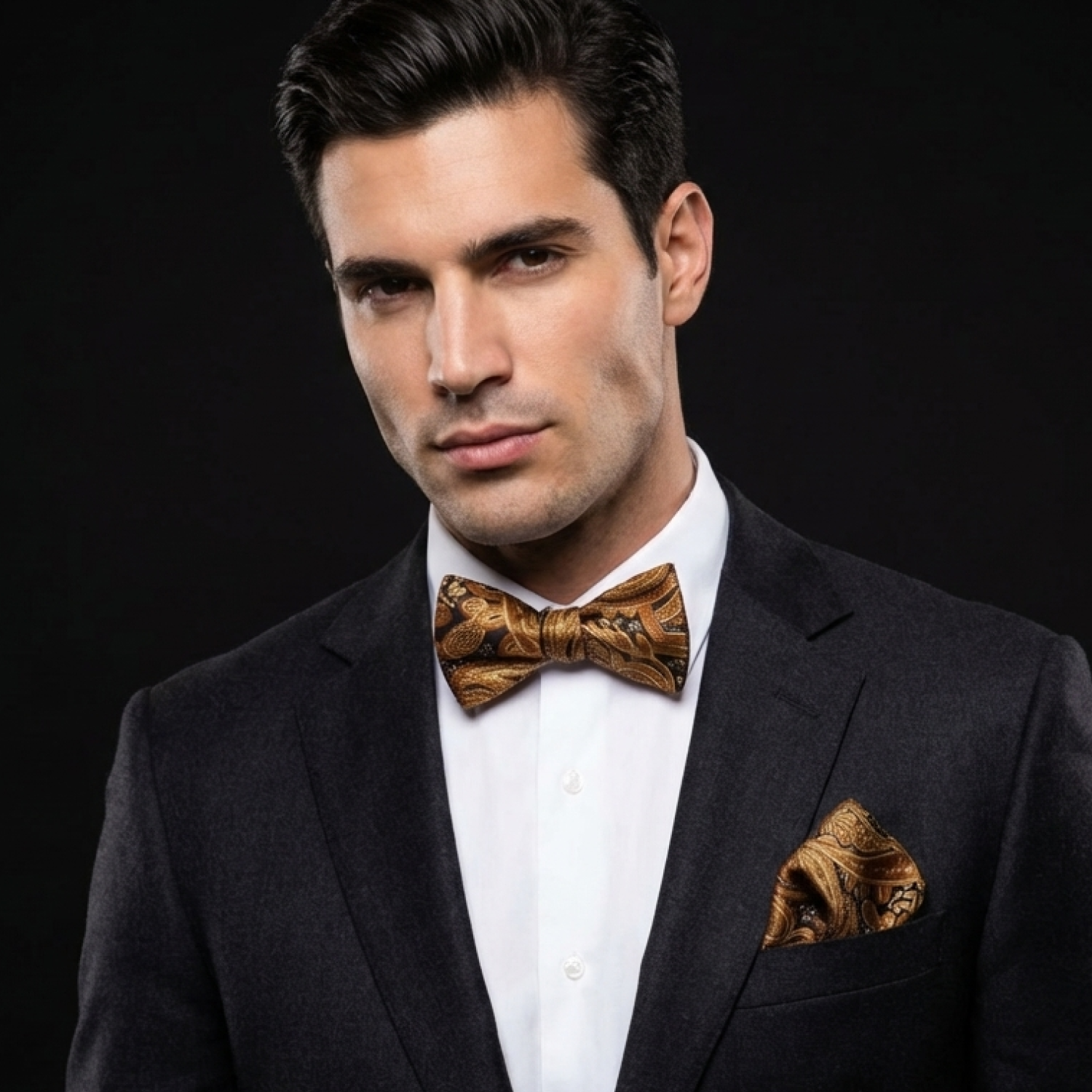 Man wearing a black suit with a patterned bow tie and pocket square on a dark background