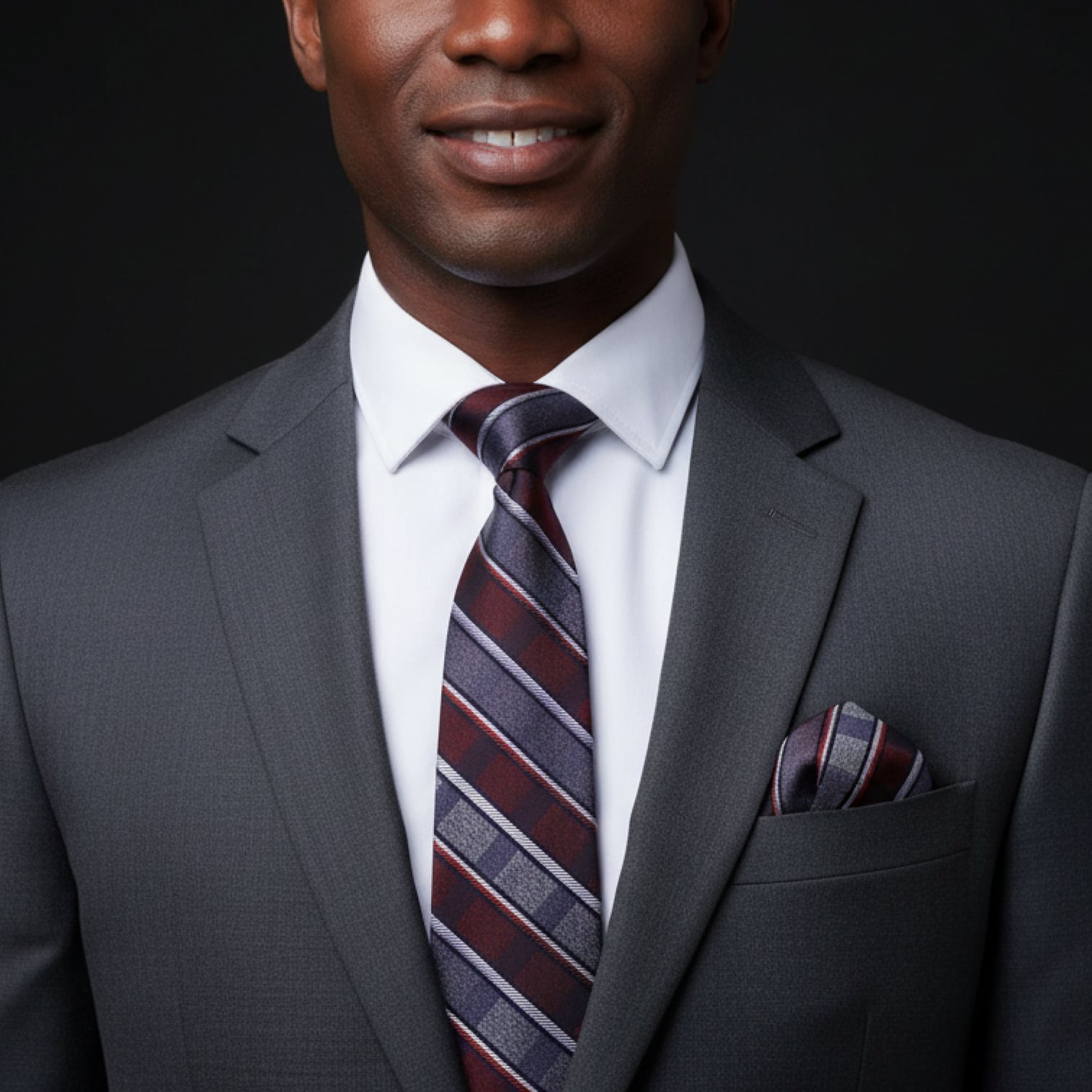 Man wearing a gray suit with a deep red and grey striped tie and pocket square on a black background