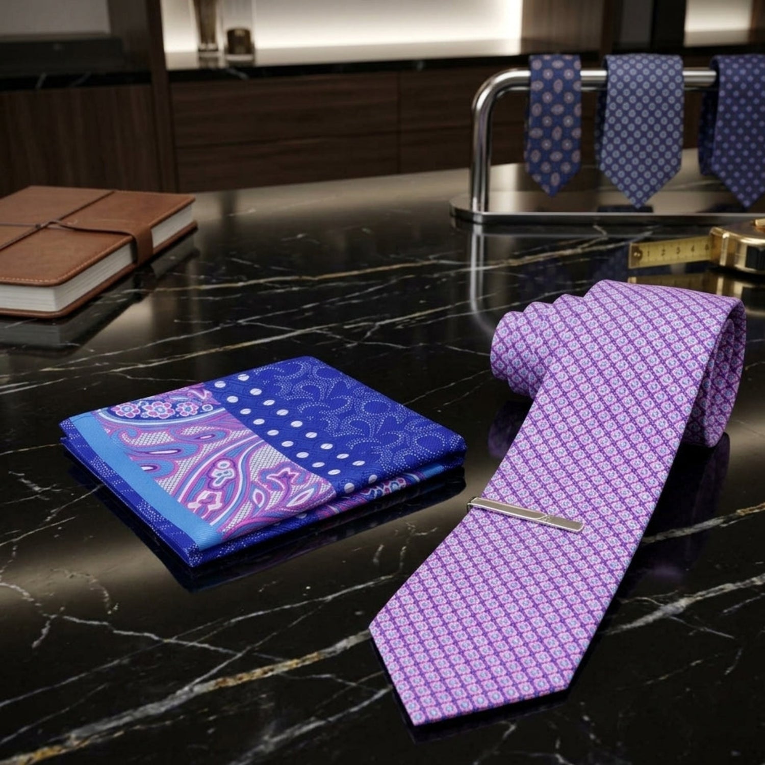 purple pink and blue geometric tie and accenting square