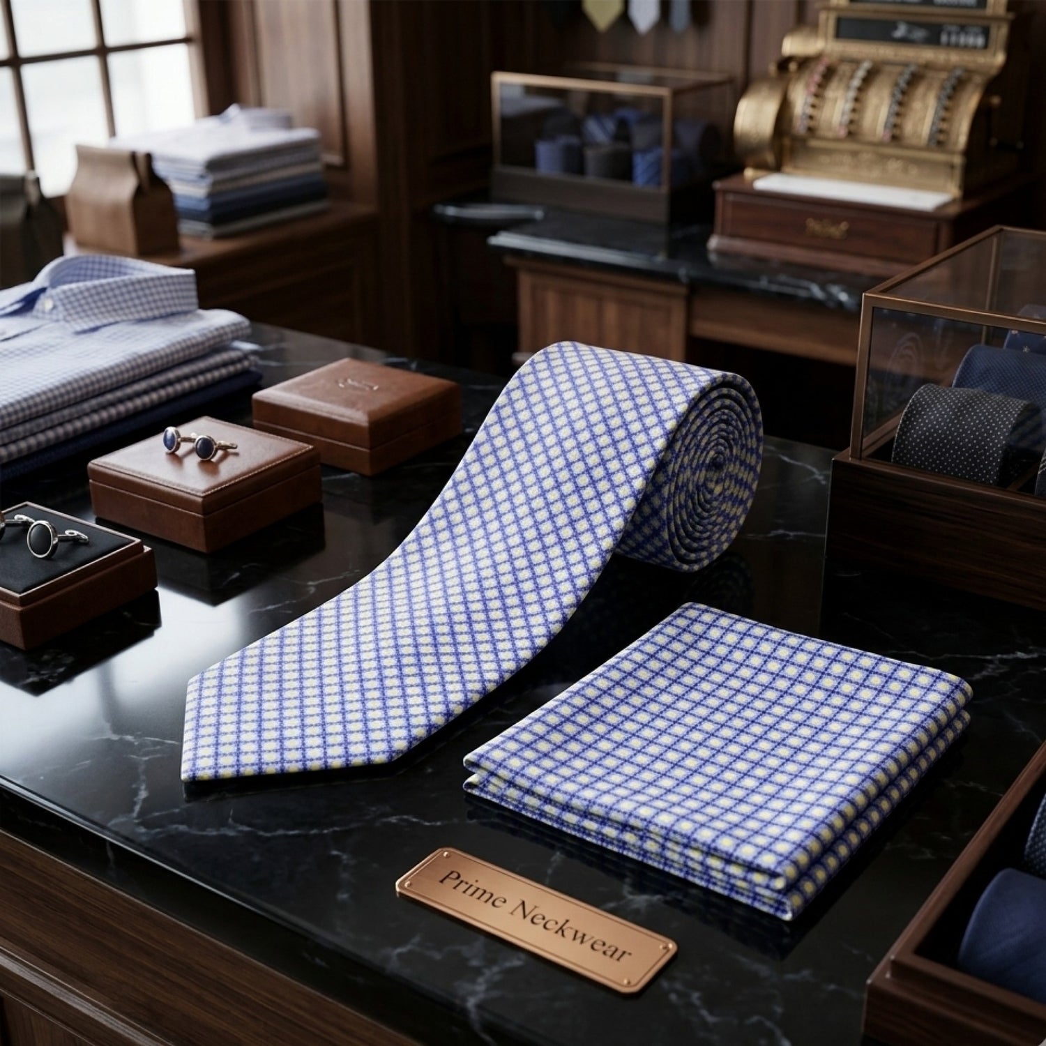 A blue and white checkered necktie and matching pocket square are displayed on a black marble counter in a vintage-style shop setting, alongside wooden boxes, folded dress shirts, and a vintage cash register in the background.