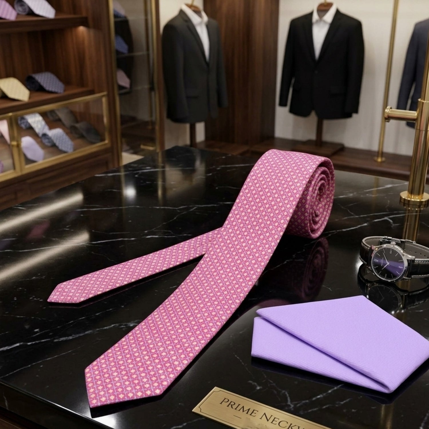 A pink patterned necktie is laid out on a black marble counter next to a folded lavender pocket square and a wristwatch, with suit displays in the background. A sign reads PRIME NECKL.