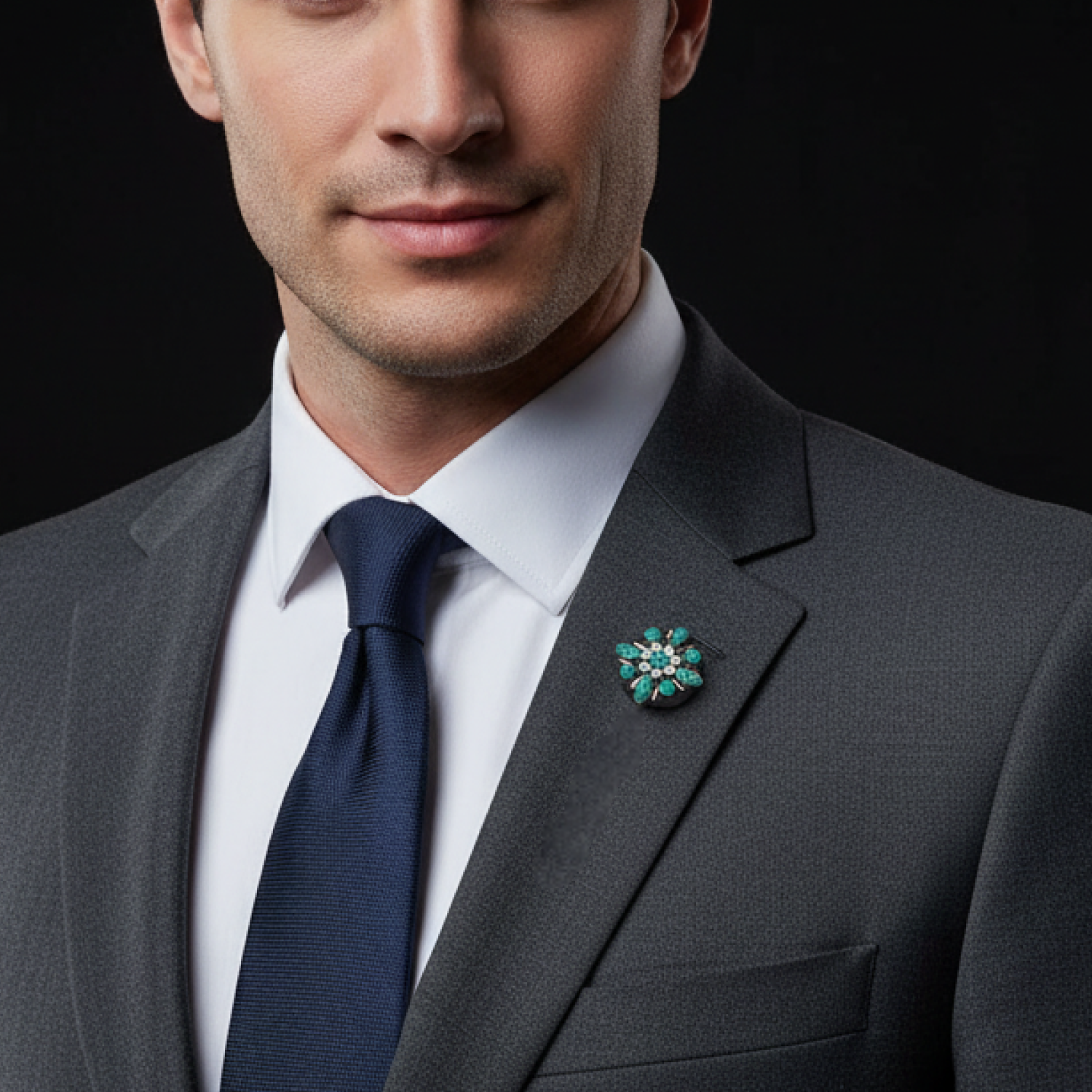 Man wearing a gray suit with a blue tie and a decorative brooch on a black background